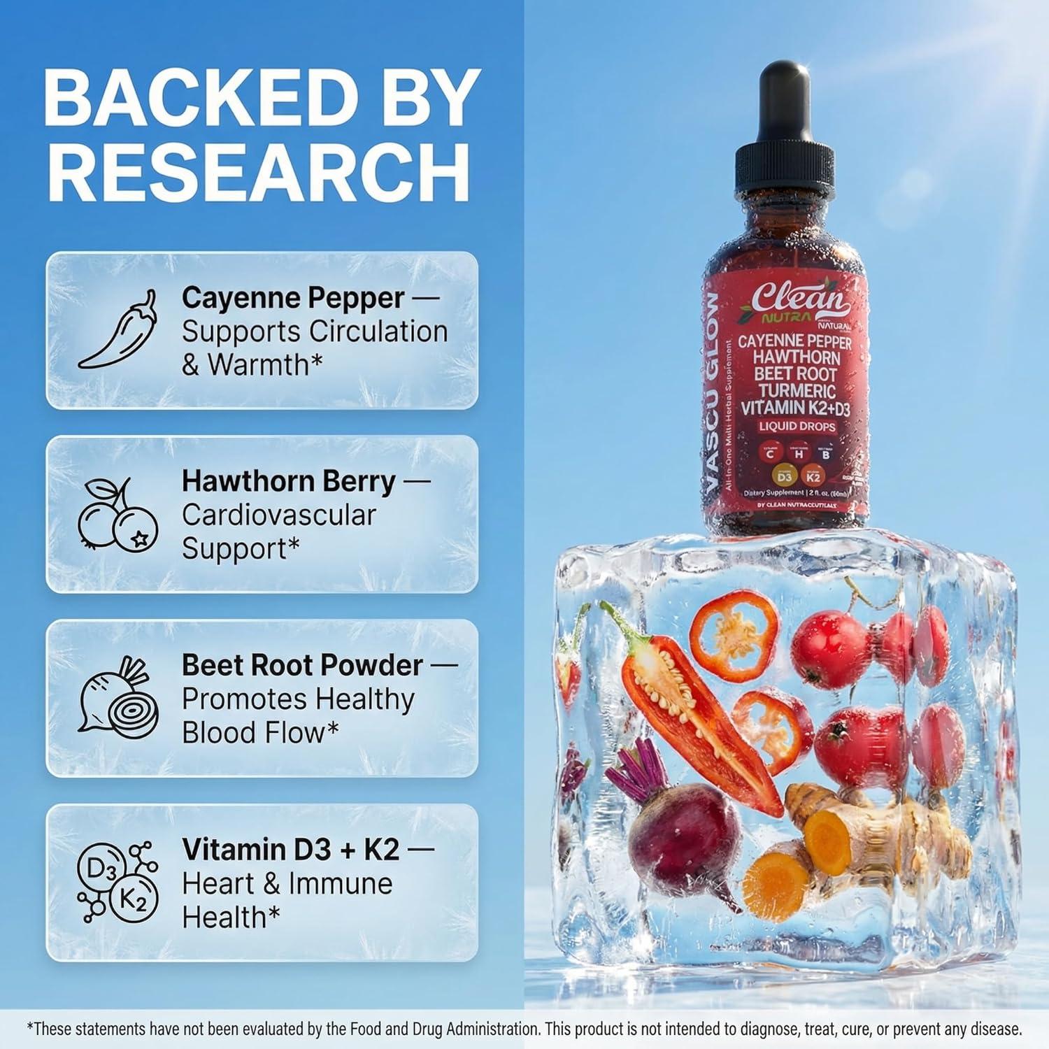 image:imageClean Nutra Cayenne Pepper Drops Supplement Liquid Hawthorn Berry Vitamin D3 K2 Beet Root Powder Ceylon Cinnamon Turmeric Curcumin Organic Panax Ginseng Berberine Extract 1 Pack1