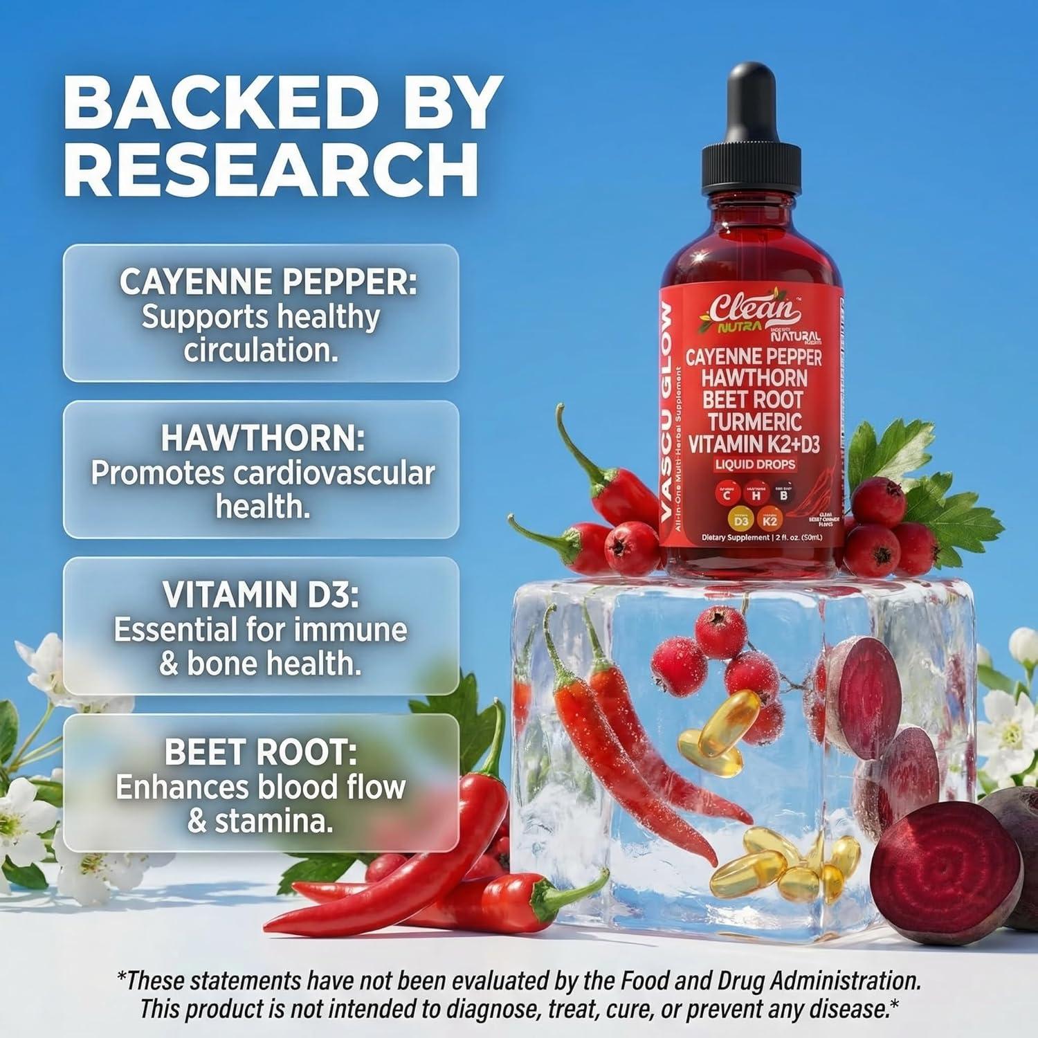 image:imageClean Nutra Cayenne Pepper Drops Supplement Liquid Hawthorn Berry Vitamin D3 K2 Beet Root Powder Ceylon Cinnamon Turmeric Curcumin Organic Panax Ginseng Berberine Extract 1 Pack2