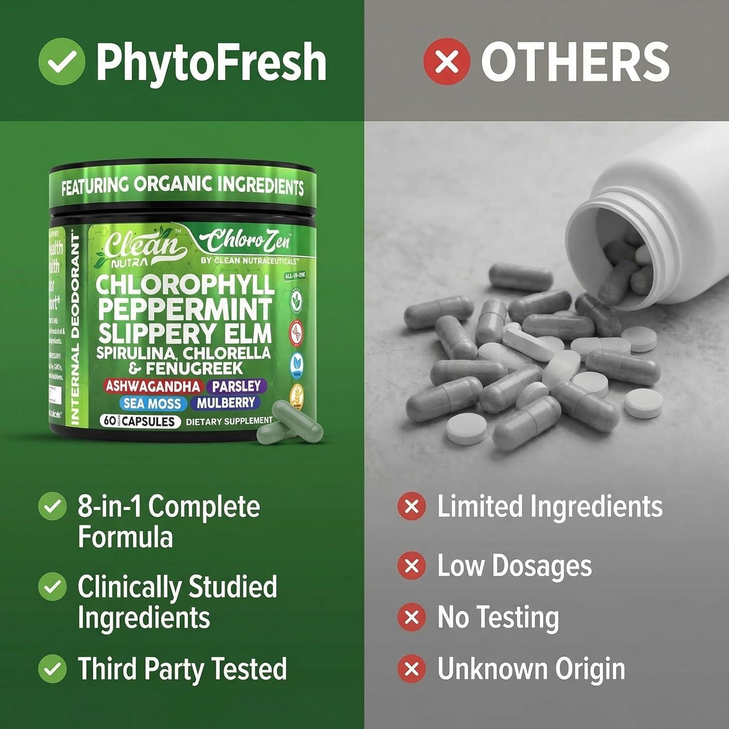 image:imageClean Nutra Chlorophyll Capsules Peppermint Slippery Elm Spirulina Chlorella Fenugreek Ashwagandha Sea Moss Supplement Ph Balance for Women Detox Internal Deodorant Supplement Prebiotics 60 Ct