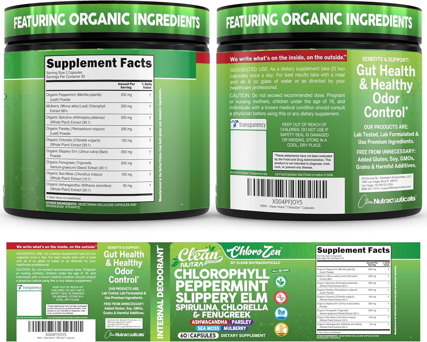 image:imageClean Nutra Chlorophyll Capsules Peppermint Slippery Elm Spirulina Chlorella Fenugreek Ashwagandha Sea Moss Supplement Ph Balance for Women Detox Internal Deodorant Supplement Prebiotics 60 Ct