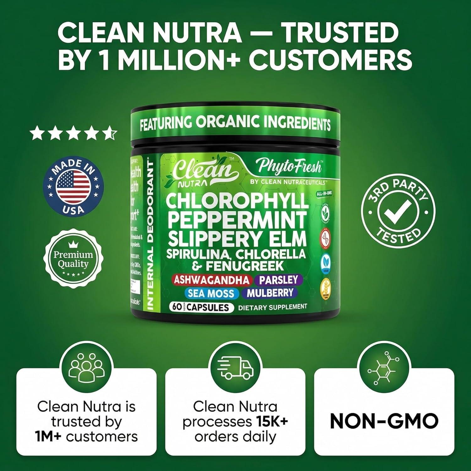 image:imageClean Nutra Chlorophyll Capsules Peppermint Slippery Elm Spirulina Chlorella Fenugreek Ashwagandha Sea Moss Supplement Ph Balance for Women Detox Internal Deodorant Supplement Prebiotics 60 Ct