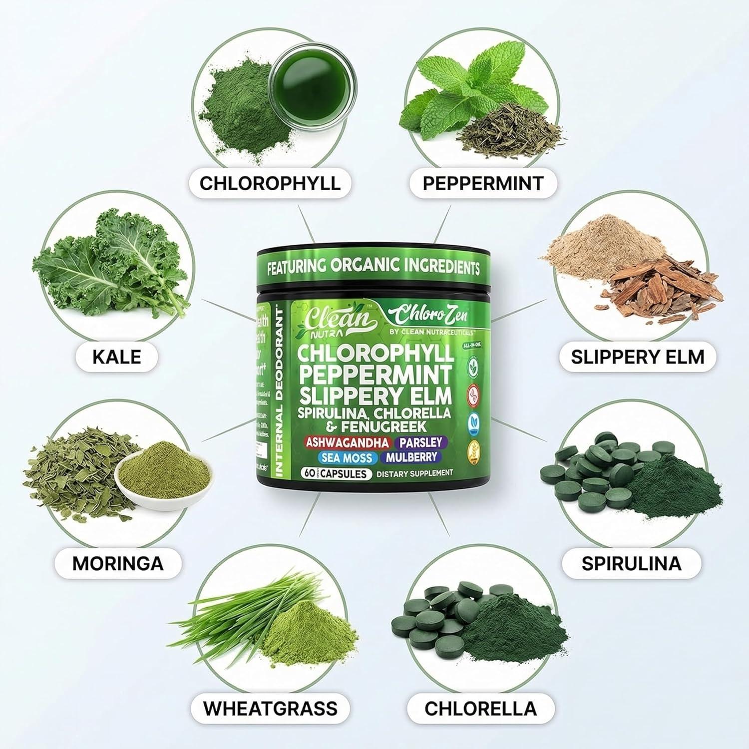 image:imageClean Nutra Chlorophyll Capsules Peppermint Slippery Elm Spirulina Chlorella Fenugreek Ashwagandha Sea Moss Supplement Ph Balance for Women Detox Internal Deodorant Supplement Prebiotics 60 Ct