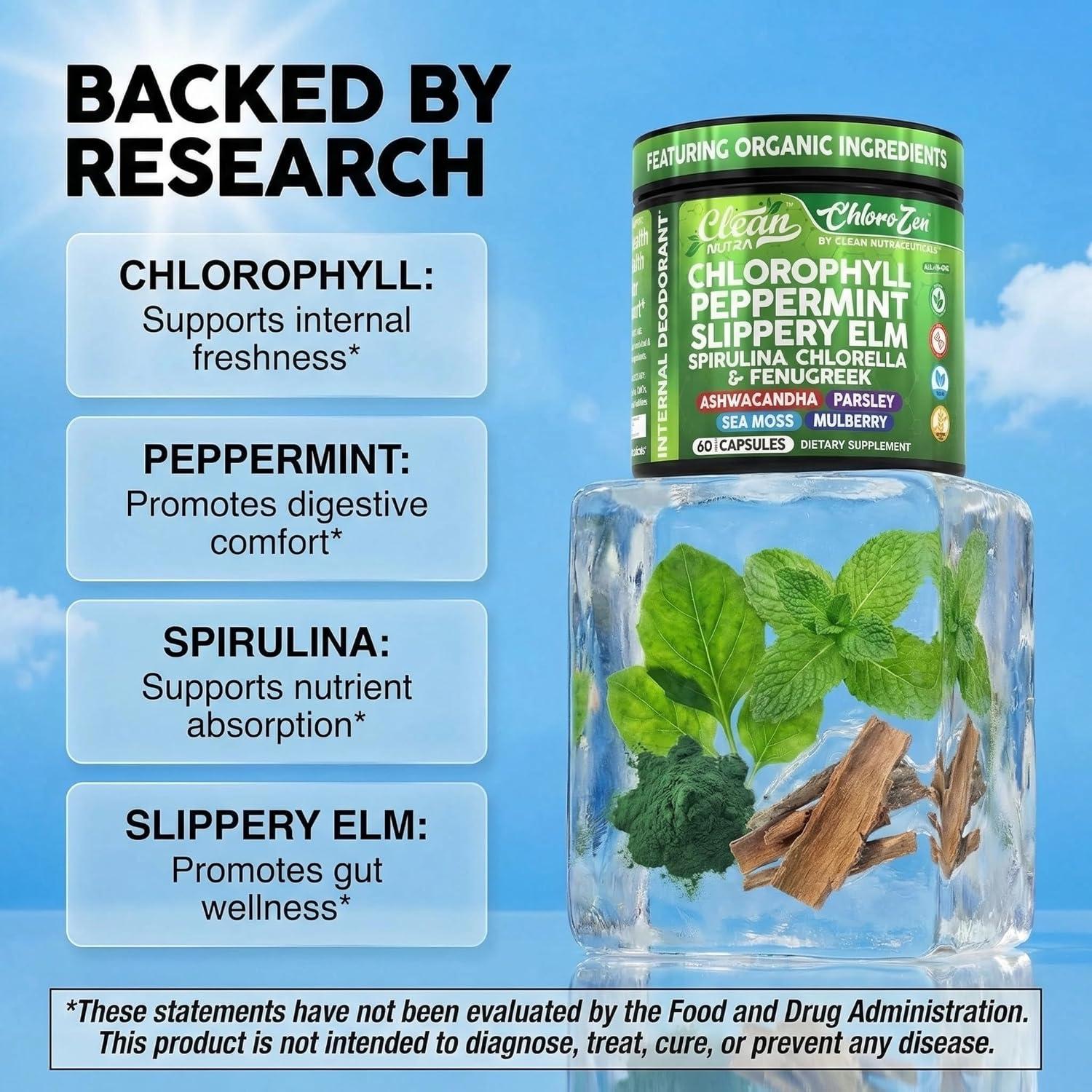 image:imageClean Nutra Chlorophyll Capsules Peppermint Slippery Elm Spirulina Chlorella Fenugreek Ashwagandha Sea Moss Supplement Ph Balance for Women Detox Internal Deodorant Supplement Prebiotics 60 Ct