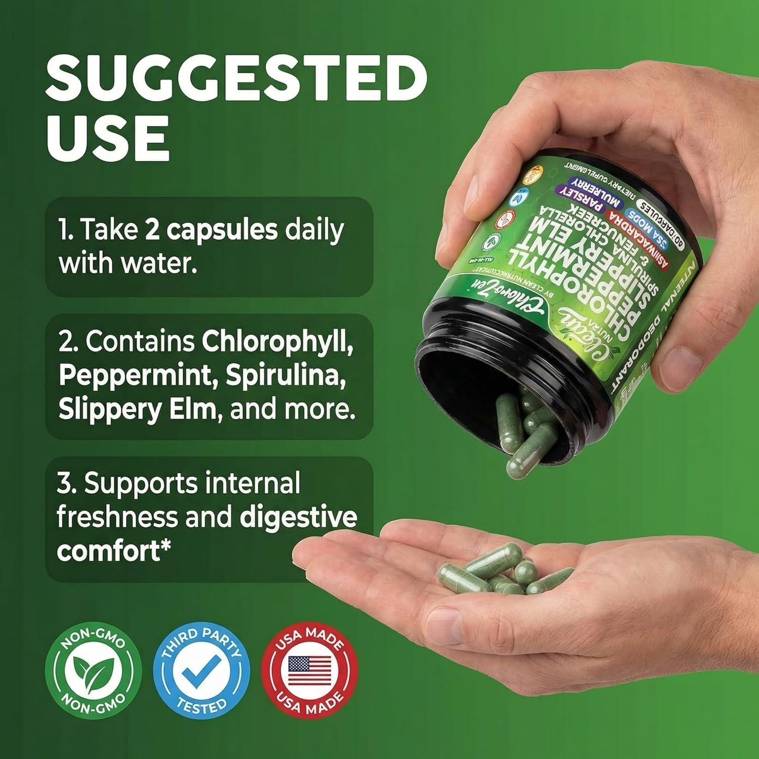 image:imageClean Nutra Chlorophyll Capsules Peppermint Slippery Elm Spirulina Chlorella Fenugreek Ashwagandha Sea Moss Supplement Ph Balance for Women Detox Internal Deodorant Supplement Prebiotics 60 Ct