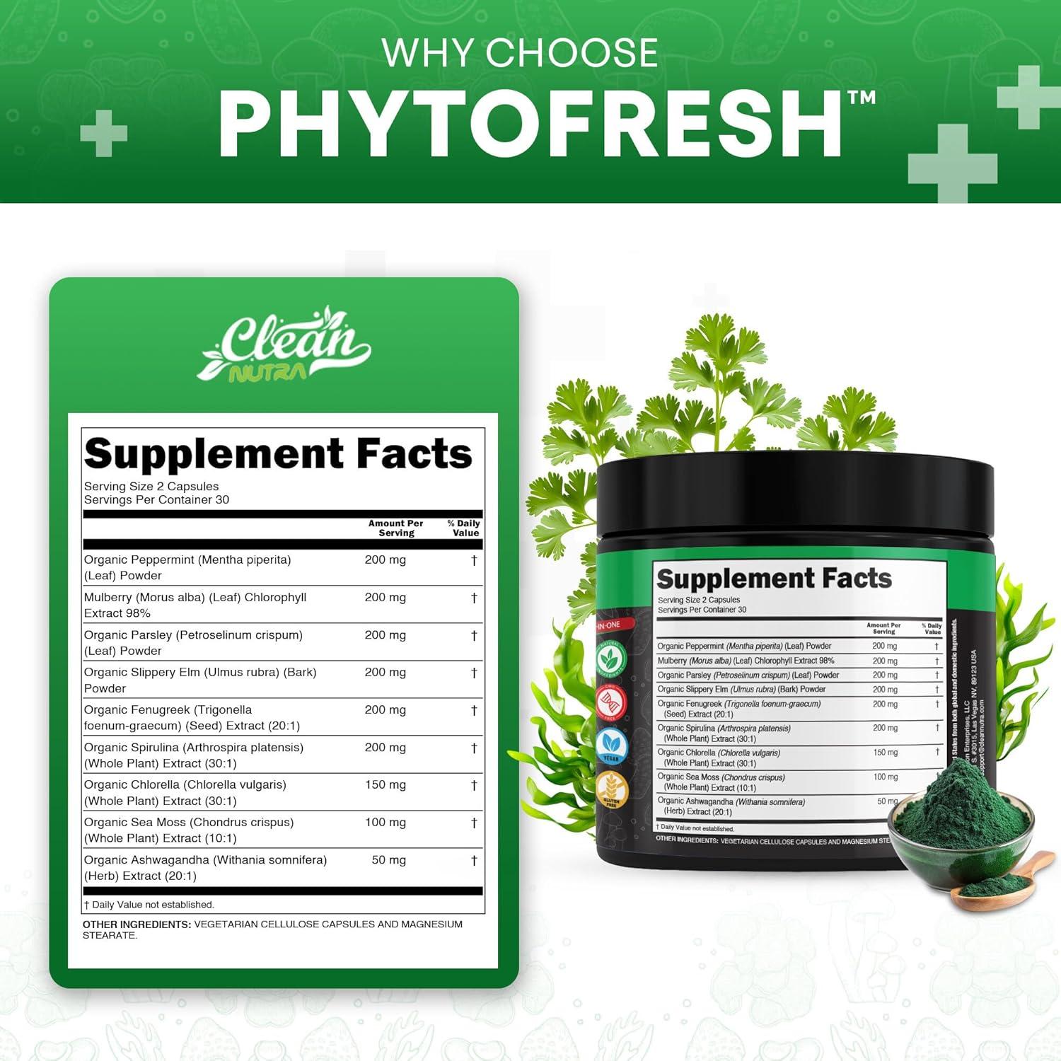 image:imageClean Nutra Chlorophyll Capsules Supplement Internal Deodorant Peppermint Sea Moss Parsley Chlorella Spirulina Slippery Elm Ashwagandha PhytoFresh Greens Detox Pills1