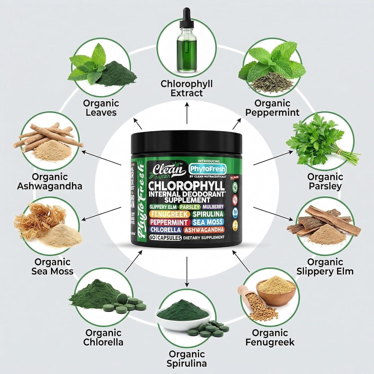 image:imageClean Nutra Chlorophyll Capsules Supplement Internal Deodorant Peppermint Sea Moss Parsley Chlorella Spirulina Slippery Elm Ashwagandha PhytoFresh Greens Detox Pills1