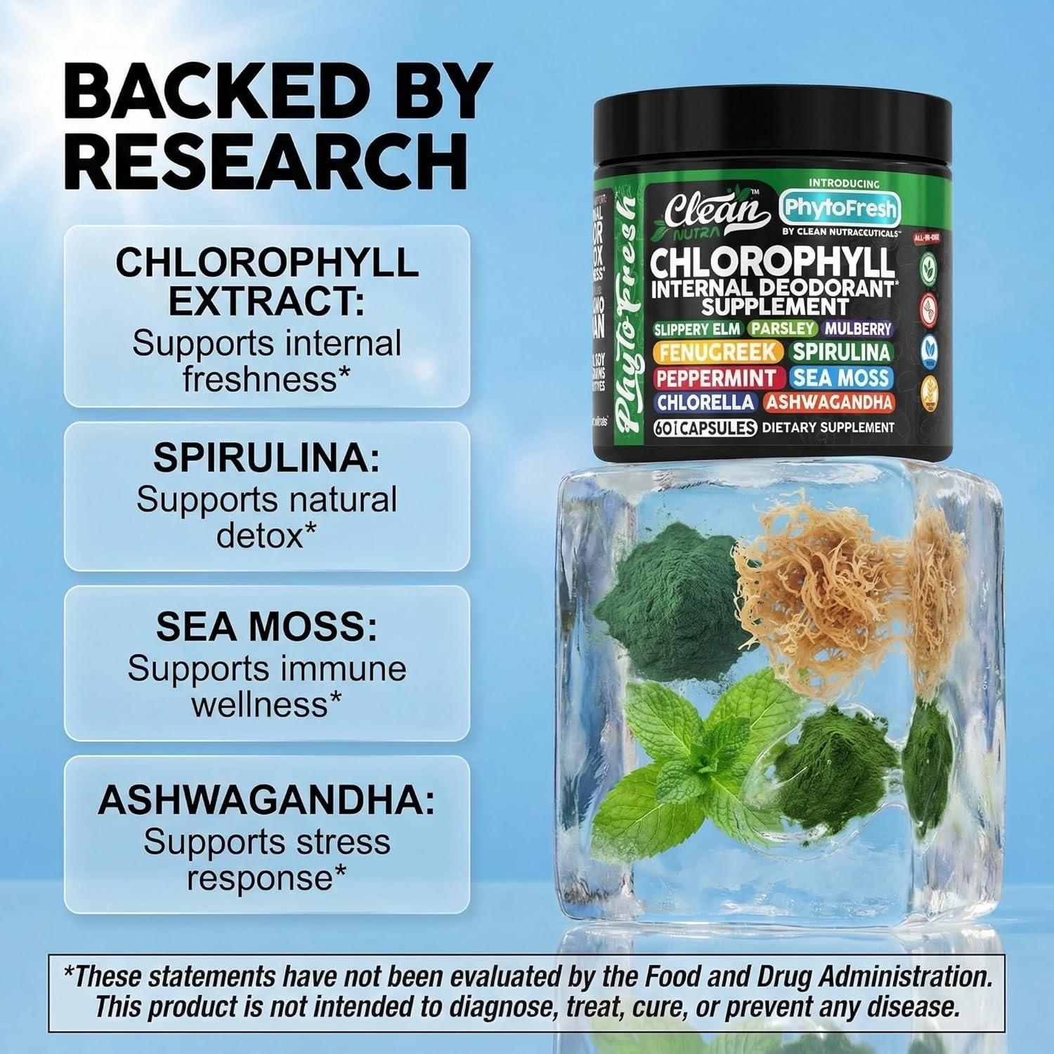 image:imageClean Nutra Chlorophyll Capsules Supplement Internal Deodorant Peppermint Sea Moss Parsley Chlorella Spirulina Slippery Elm Ashwagandha PhytoFresh Greens Detox Pills1