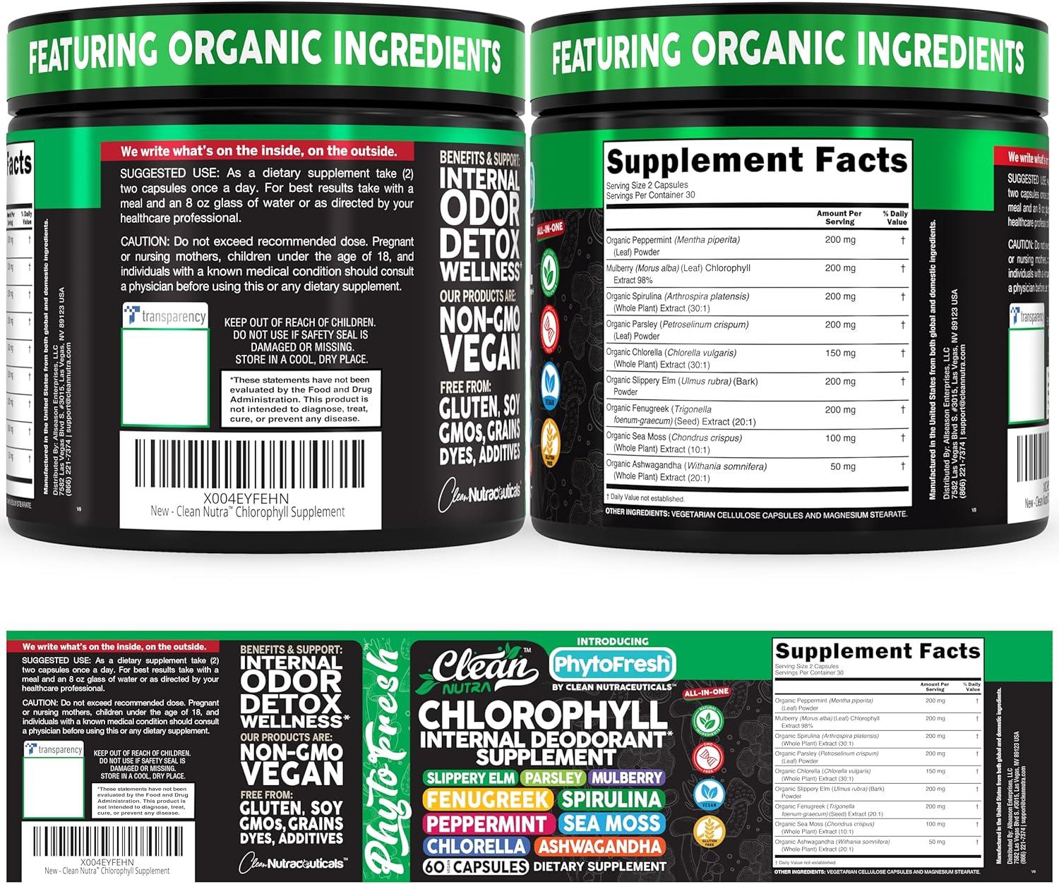 image:imageClean Nutra Chlorophyll Capsules Supplement Internal Deodorant Peppermint Sea Moss Parsley Chlorella Spirulina Slippery Elm Ashwagandha PhytoFresh Greens Detox Pills1