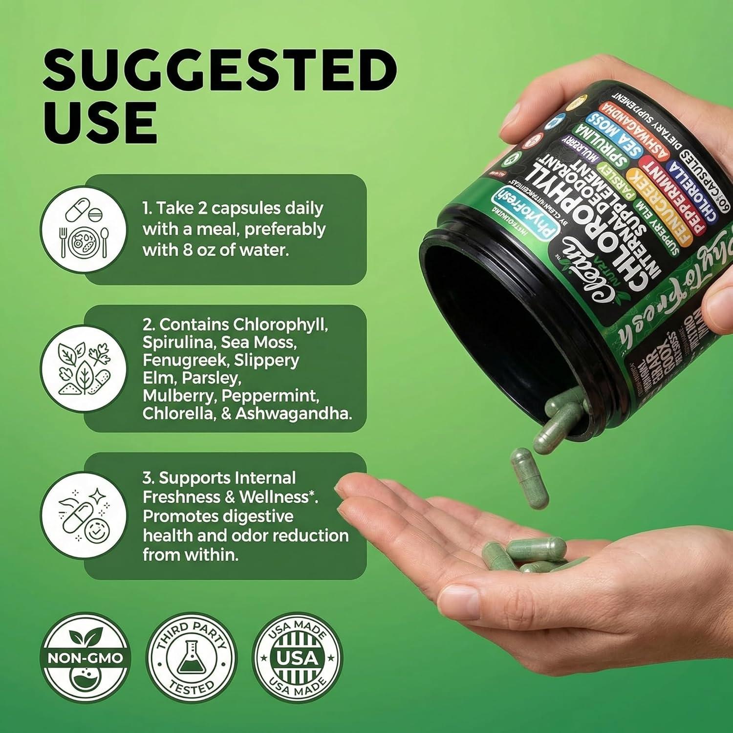 image:imageClean Nutra Chlorophyll Capsules Supplement Internal Deodorant Peppermint Sea Moss Parsley Chlorella Spirulina Slippery Elm Ashwagandha PhytoFresh Greens Detox Pills1