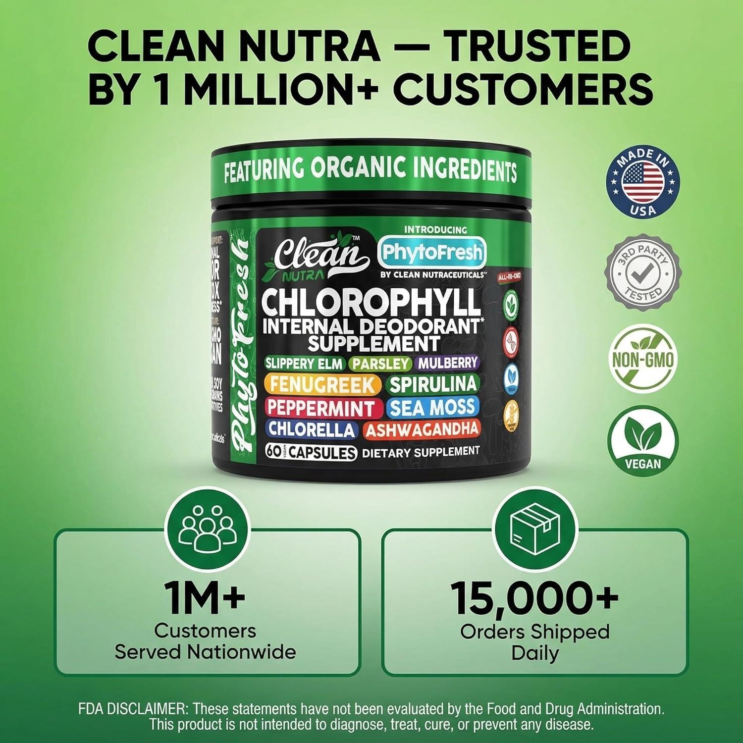 image:imageClean Nutra Chlorophyll Capsules Supplement Internal Deodorant Peppermint Sea Moss Parsley Chlorella Spirulina Slippery Elm Ashwagandha PhytoFresh Greens Detox Pills1