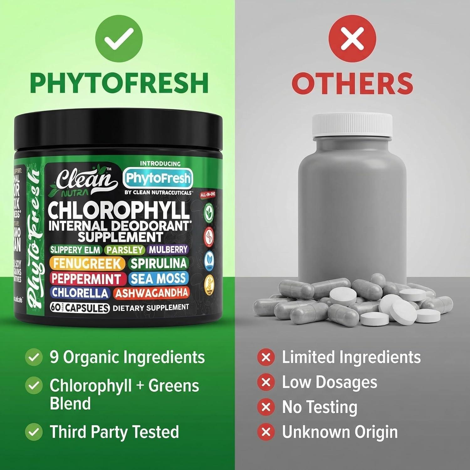 image:imageClean Nutra Chlorophyll Capsules Supplement Internal Deodorant Peppermint Sea Moss Parsley Chlorella Spirulina Slippery Elm Ashwagandha PhytoFresh Greens Detox Pills1