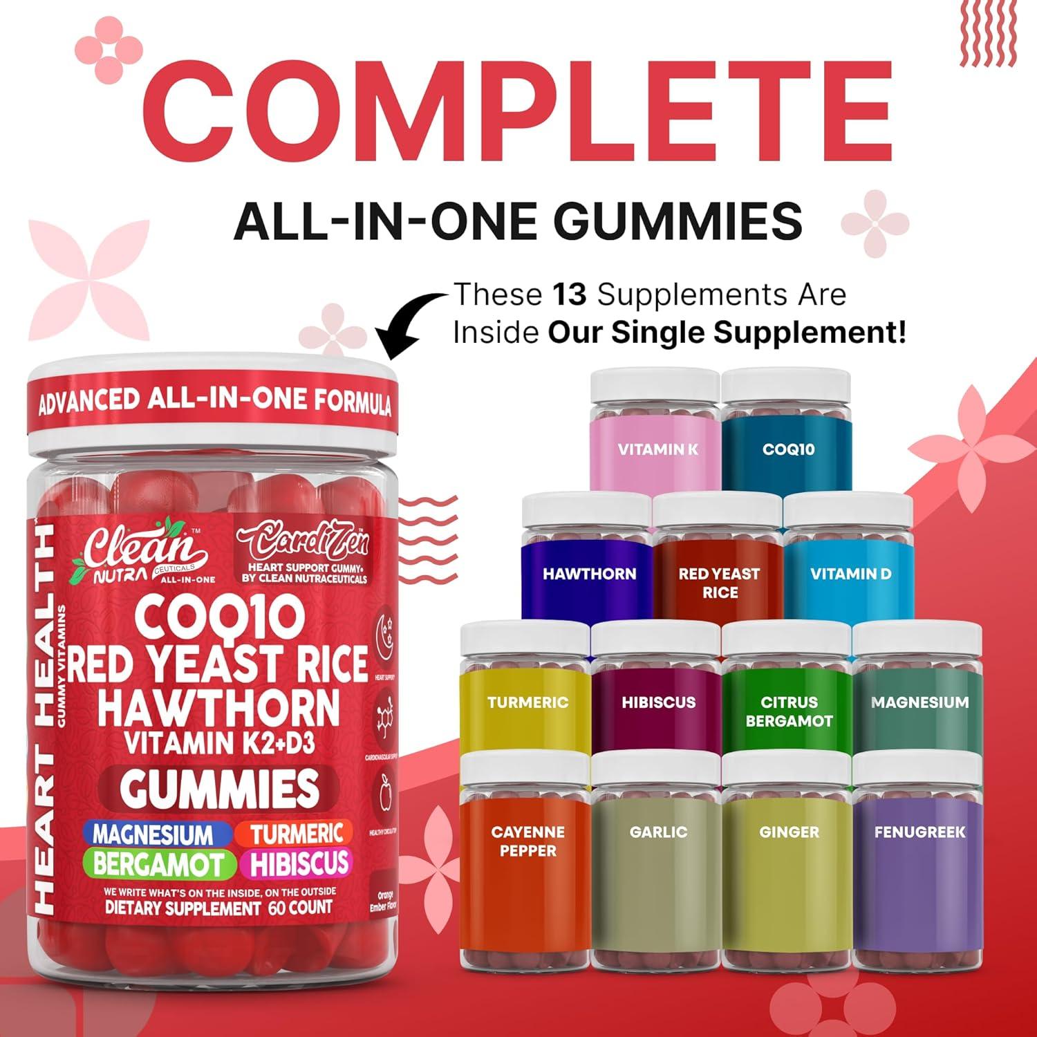 image:imageClean Nutra CoQ10 Gummies Red Yeast Rice Hawthorn K2 Vitamin Supplement Magnesium Glycinate Turmeric Citrus Bergamot Hibiscus VIT D K Fenugreek Garlic Supplements Heart Support Gummy 60ct