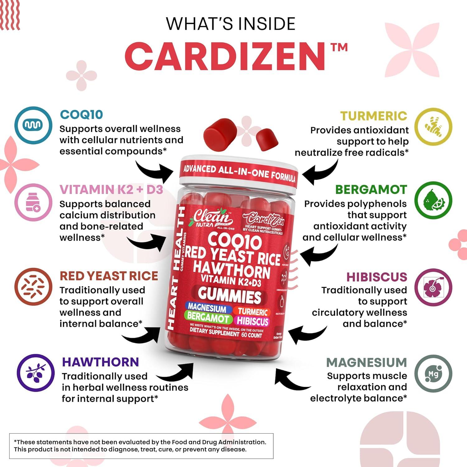 image:imageClean Nutra CoQ10 Gummies Red Yeast Rice Hawthorn K2 Vitamin Supplement Magnesium Glycinate Turmeric Citrus Bergamot Hibiscus VIT D K Fenugreek Garlic Supplements Heart Support Gummy 60ct