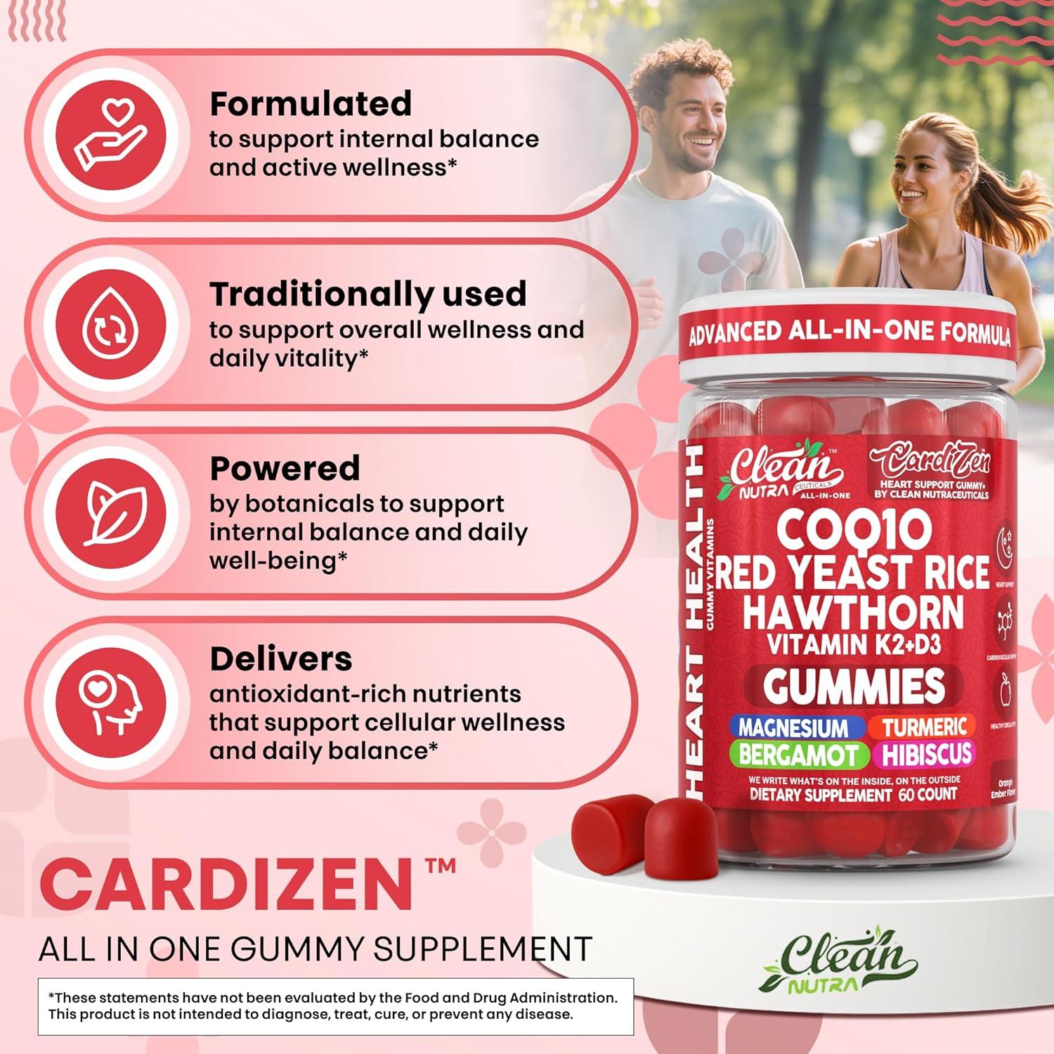 image:imageClean Nutra CoQ10 Gummies Red Yeast Rice Hawthorn K2 Vitamin Supplement Magnesium Glycinate Turmeric Citrus Bergamot Hibiscus VIT D K Fenugreek Garlic Supplements Heart Support Gummy 60ct
