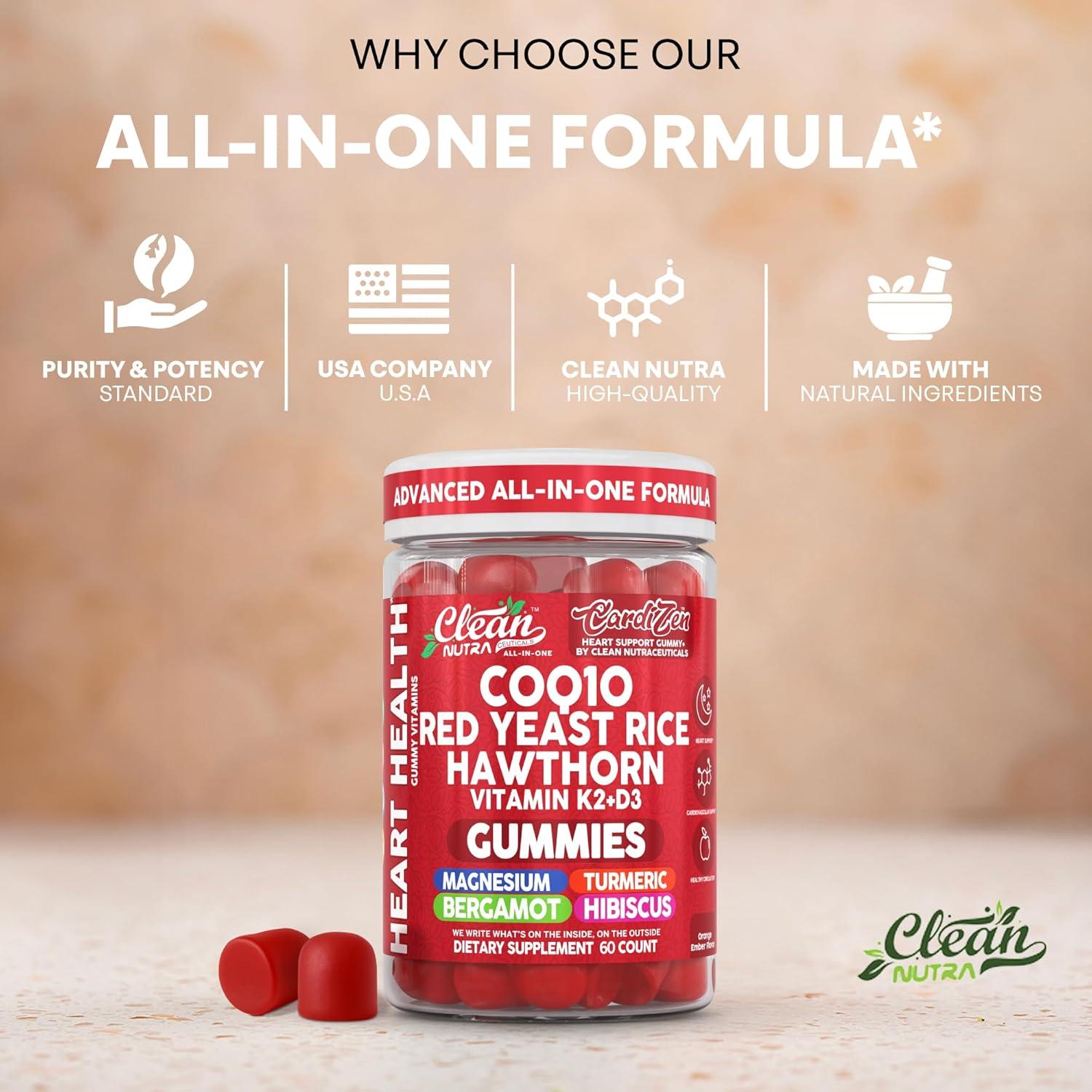 image:imageClean Nutra CoQ10 Gummies Red Yeast Rice Hawthorn K2 Vitamin Supplement Magnesium Glycinate Turmeric Citrus Bergamot Hibiscus VIT D K Fenugreek Garlic Supplements Heart Support Gummy 60ct