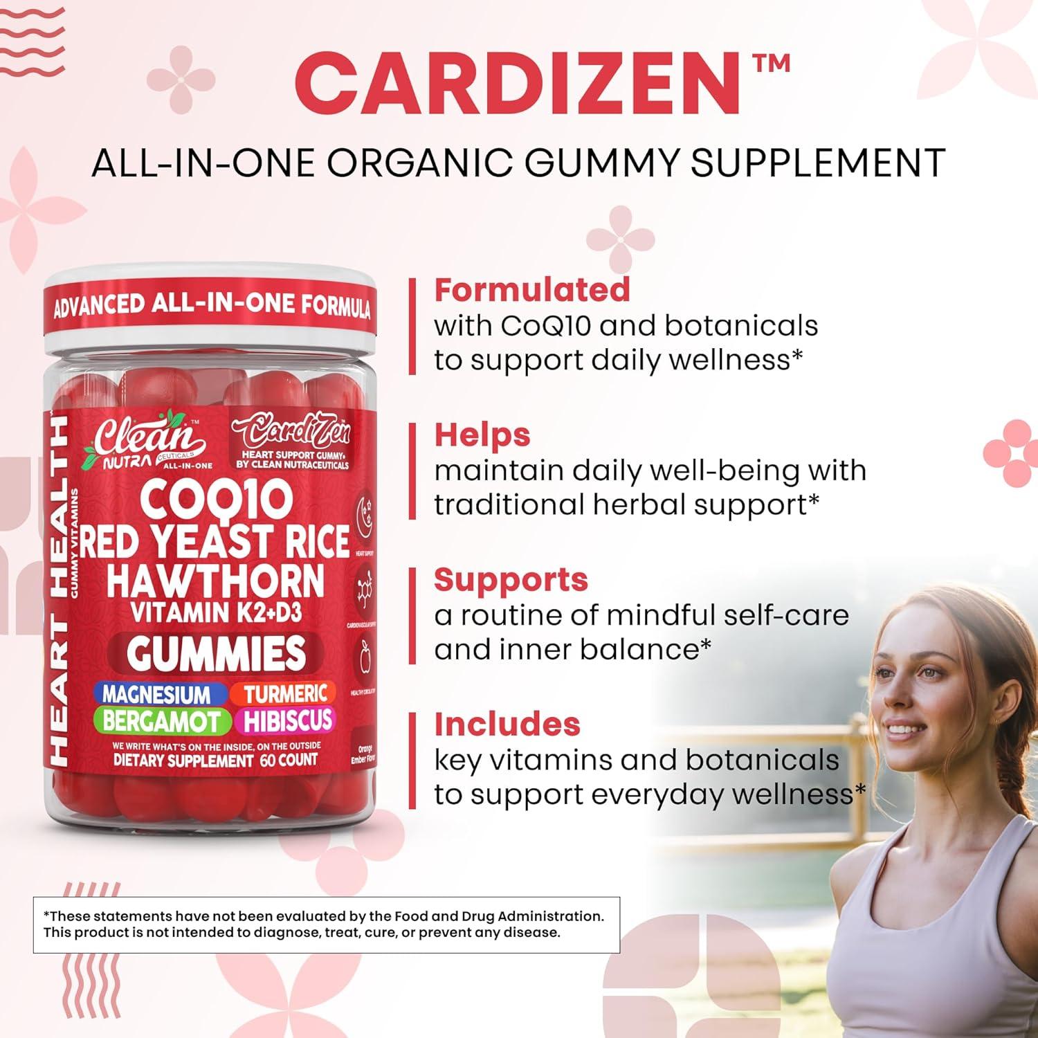 image:imageClean Nutra CoQ10 Gummies Red Yeast Rice Hawthorn K2 Vitamin Supplement Magnesium Glycinate Turmeric Citrus Bergamot Hibiscus VIT D K Fenugreek Garlic Supplements Heart Support Gummy 60ct