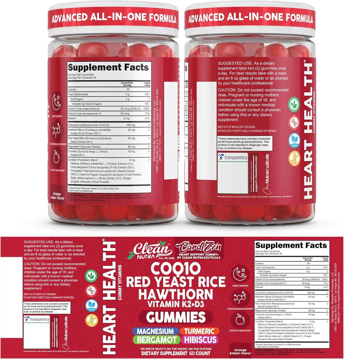 image:imageClean Nutra CoQ10 Gummies Red Yeast Rice Hawthorn K2 Vitamin Supplement Magnesium Glycinate Turmeric Citrus Bergamot Hibiscus VIT D K Fenugreek Garlic Supplements Heart Support Gummy 60ct