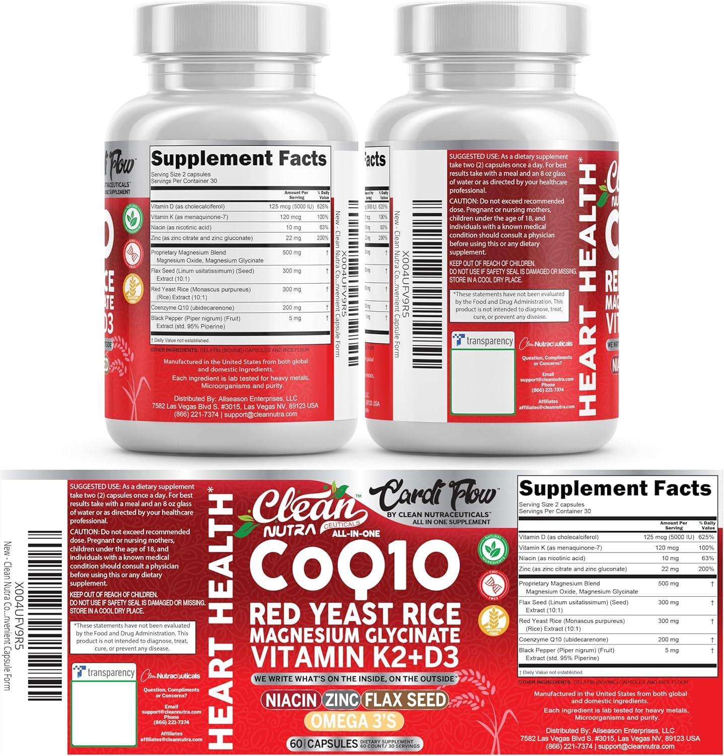 image:imageClean Nutra CoQ10 Red Yeast Rice Magnesium Glycinate Vitamin K2 D3 Niacin Zinc Flax Seed Omega 3 Capsules 60 Count All in One Formula Premium Ingredients Dietary Supplement
