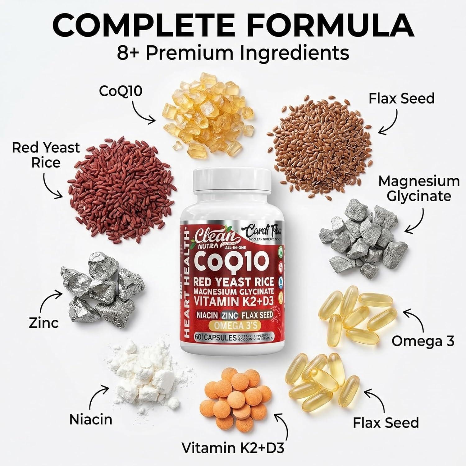 image:imageClean Nutra CoQ10 Red Yeast Rice Magnesium Glycinate Vitamin K2 D3 Niacin Zinc Flax Seed Omega 3 Capsules 60 Count All in One Formula Premium Ingredients Dietary Supplement