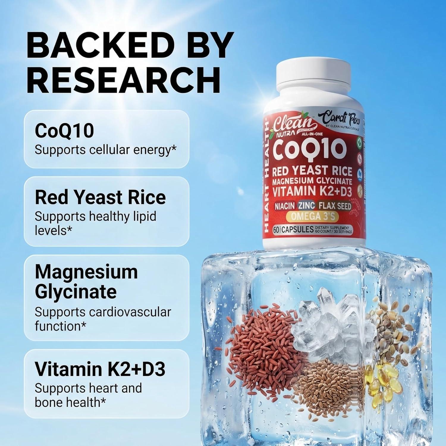 image:imageClean Nutra CoQ10 Red Yeast Rice Magnesium Glycinate Vitamin K2 D3 Niacin Zinc Flax Seed Omega 3 Capsules 60 Count All in One Formula Premium Ingredients Dietary Supplement
