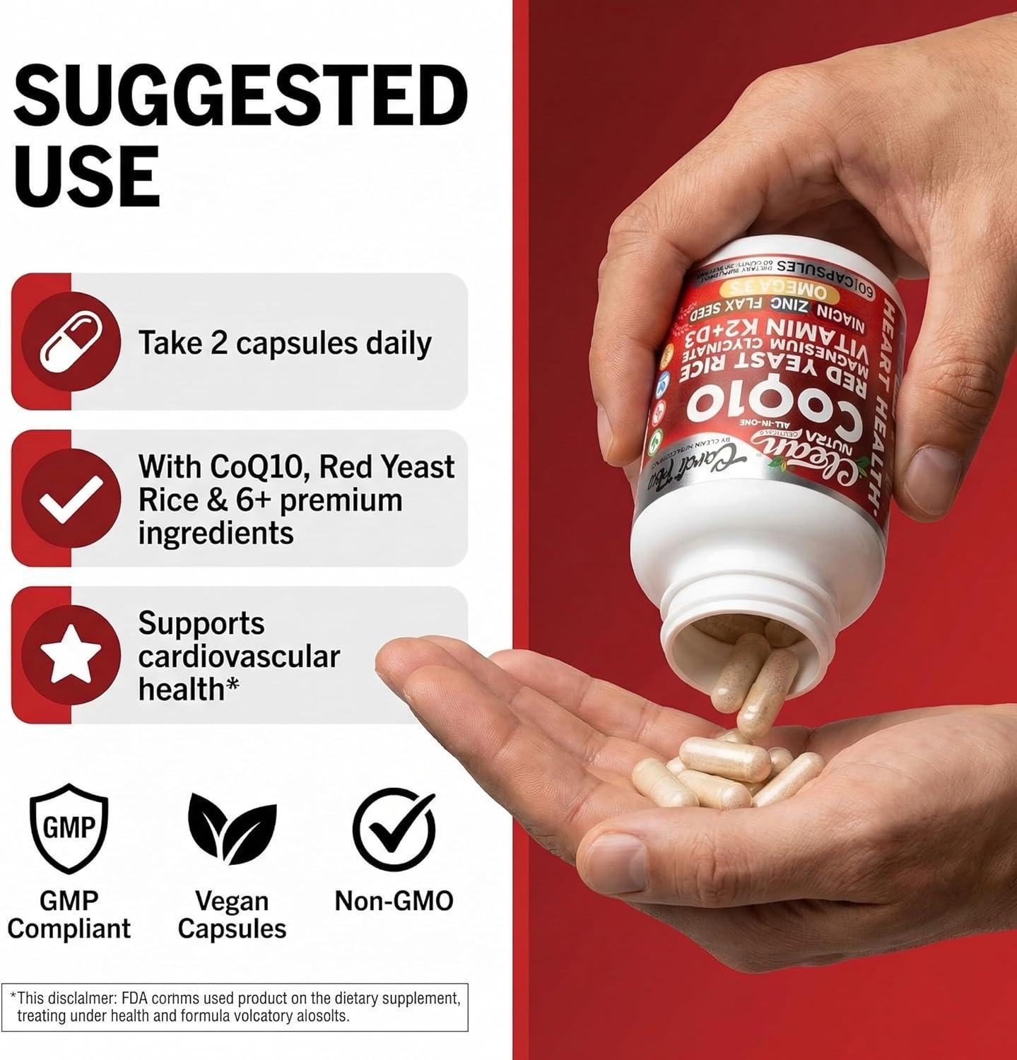 image:imageClean Nutra CoQ10 Red Yeast Rice Magnesium Glycinate Vitamin K2 D3 Niacin Zinc Flax Seed Omega 3 Capsules 60 Count All in One Formula Premium Ingredients Dietary Supplement