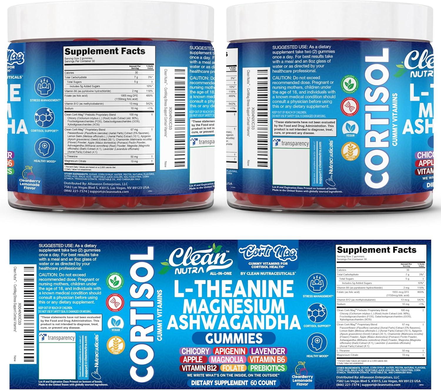 image:imageClean Nutra Cortisol Supplement Gummies LTheanine Magnesium Ashwagandha Apigenin Vitamin B6 Sleep and Calm Support Lavender Chicory Prebiotic Advanced Gummy Formula