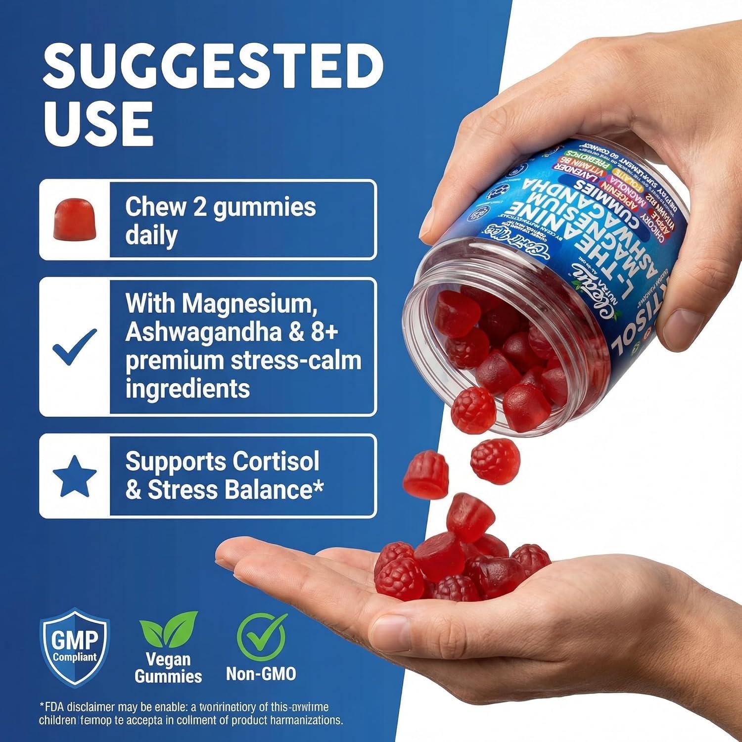 image:imageClean Nutra Cortisol Supplement Gummies LTheanine Magnesium Ashwagandha Apigenin Vitamin B6 Sleep and Calm Support Lavender Chicory Prebiotic Advanced Gummy Formula