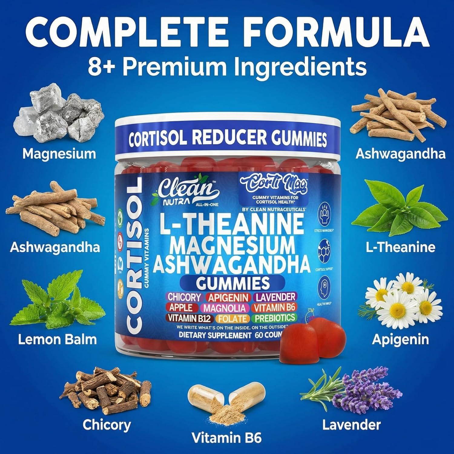 image:imageClean Nutra Cortisol Supplement Gummies LTheanine Magnesium Ashwagandha Apigenin Vitamin B6 Sleep and Calm Support Lavender Chicory Prebiotic Advanced Gummy Formula
