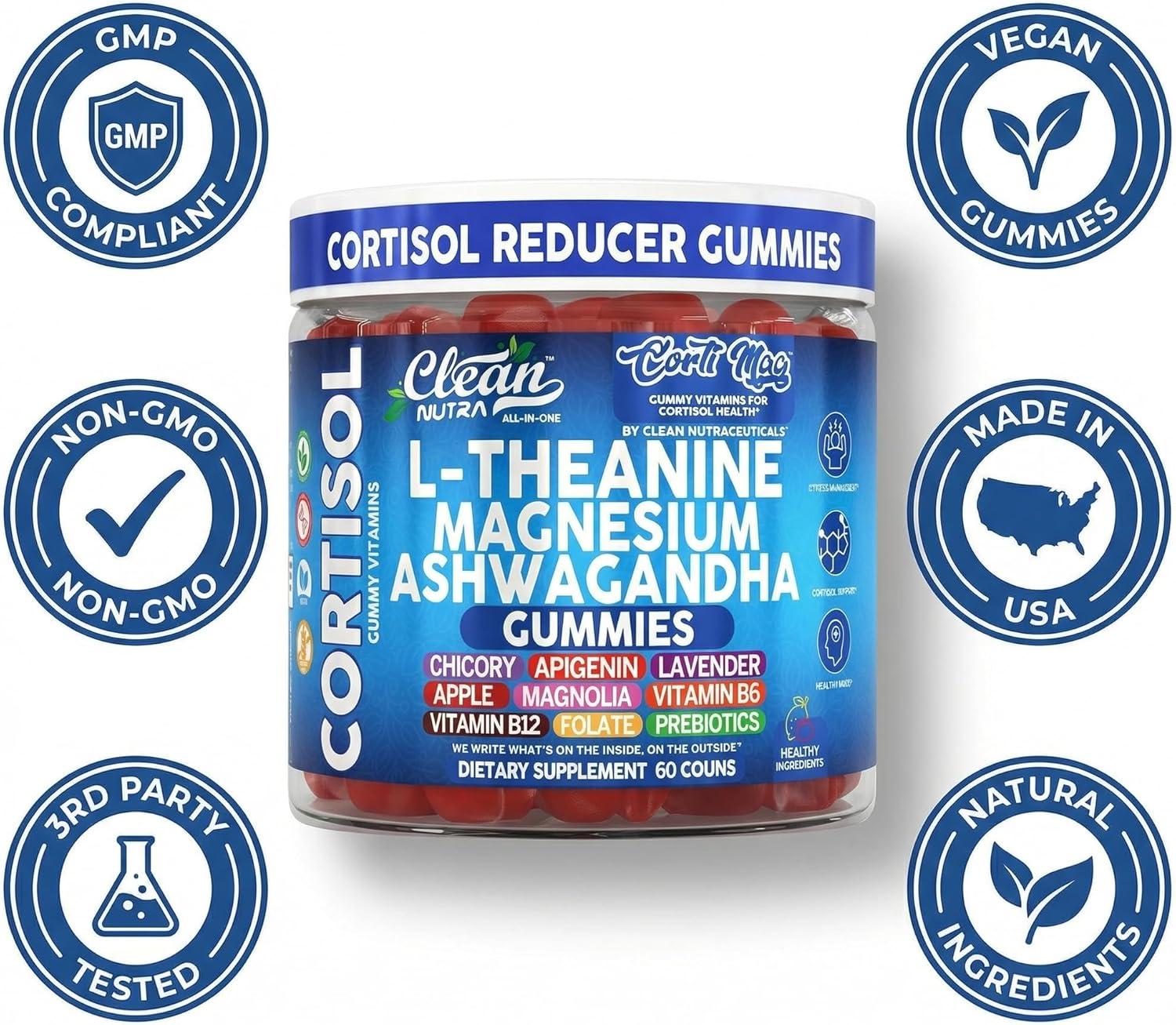 image:imageClean Nutra Cortisol Supplement Gummies LTheanine Magnesium Ashwagandha Apigenin Vitamin B6 Sleep and Calm Support Lavender Chicory Prebiotic Advanced Gummy Formula