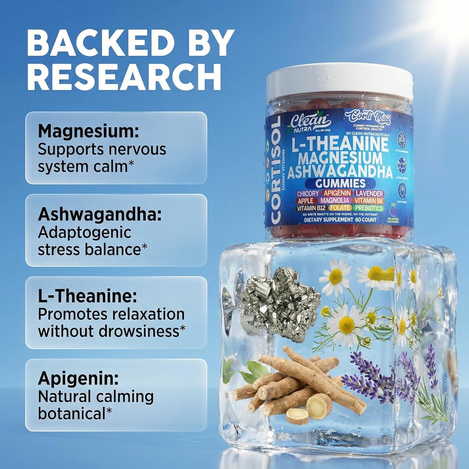 image:imageClean Nutra Cortisol Supplement Gummies LTheanine Magnesium Ashwagandha Apigenin Vitamin B6 Sleep and Calm Support Lavender Chicory Prebiotic Advanced Gummy Formula