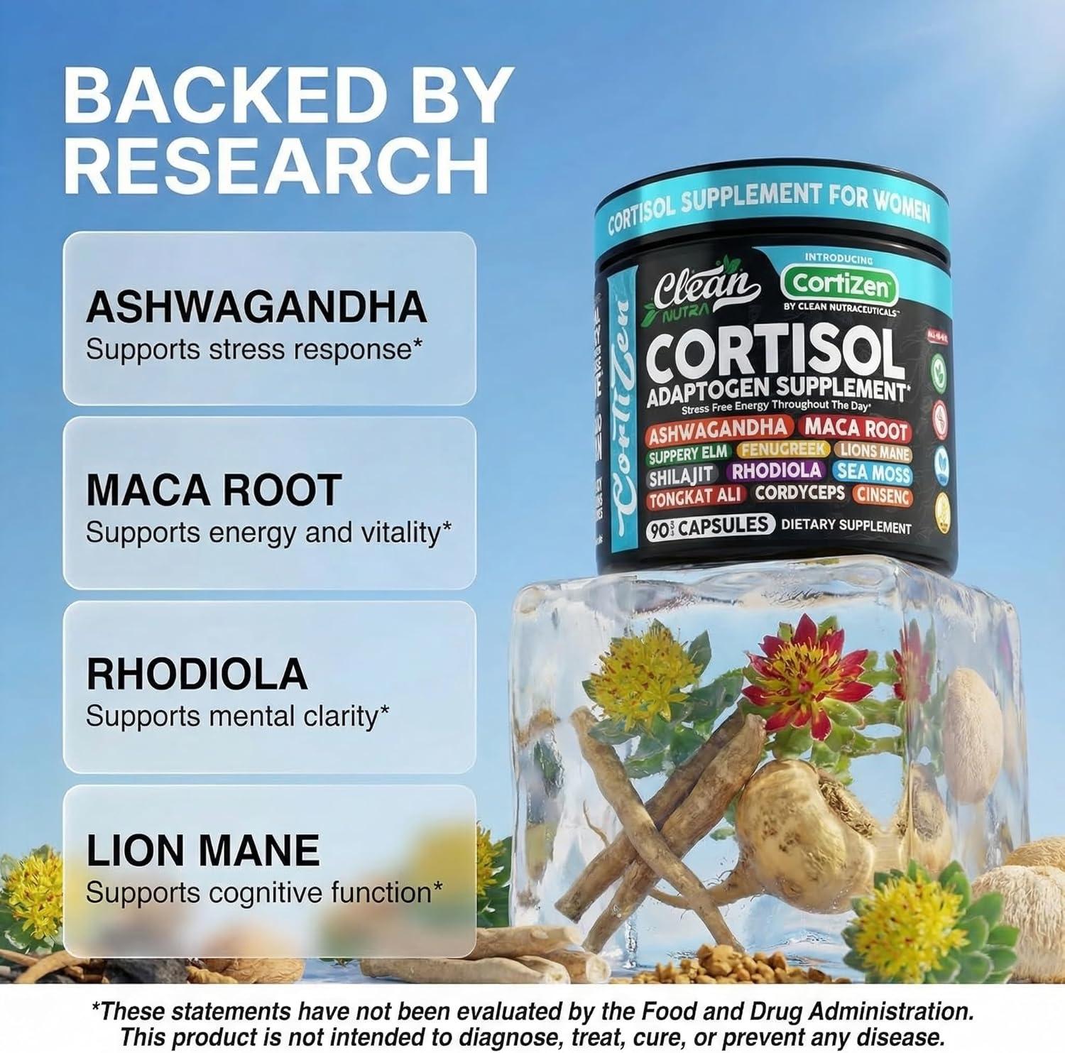 image:imageClean Nutra Cortisol Supplements For Women Maca Root Ashwagandha Cortisol Detox Manager Reducer Slippery Elm Fenugreek Lions Mane Shilajit Rhodiola Sea Moss Tongkat Ali Cordyceps Ginseng Beet Root1