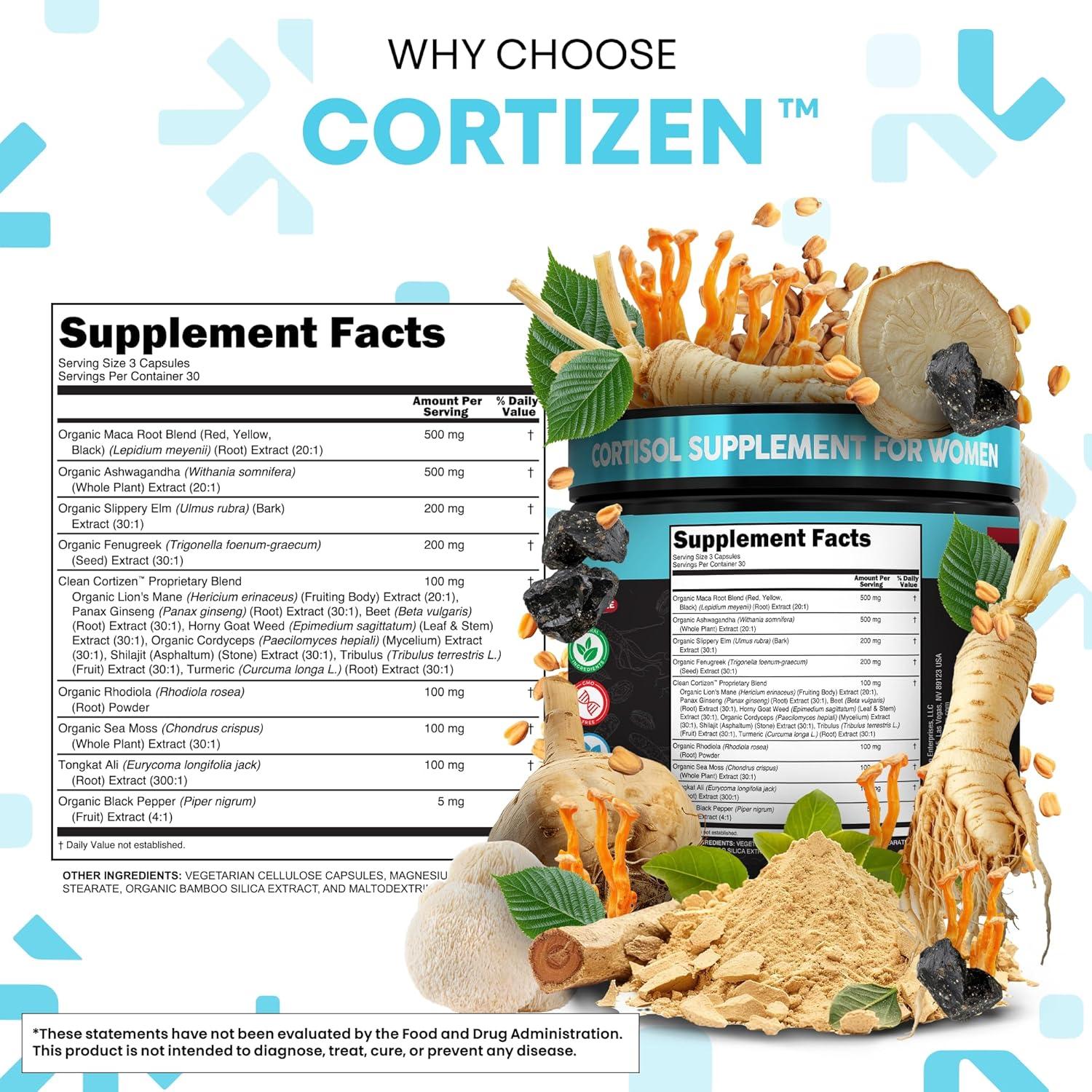 image:imageClean Nutra Cortisol Supplements For Women Maca Root Ashwagandha Cortisol Detox Manager Reducer Slippery Elm Fenugreek Lions Mane Shilajit Rhodiola Sea Moss Tongkat Ali Cordyceps Ginseng Beet Root1