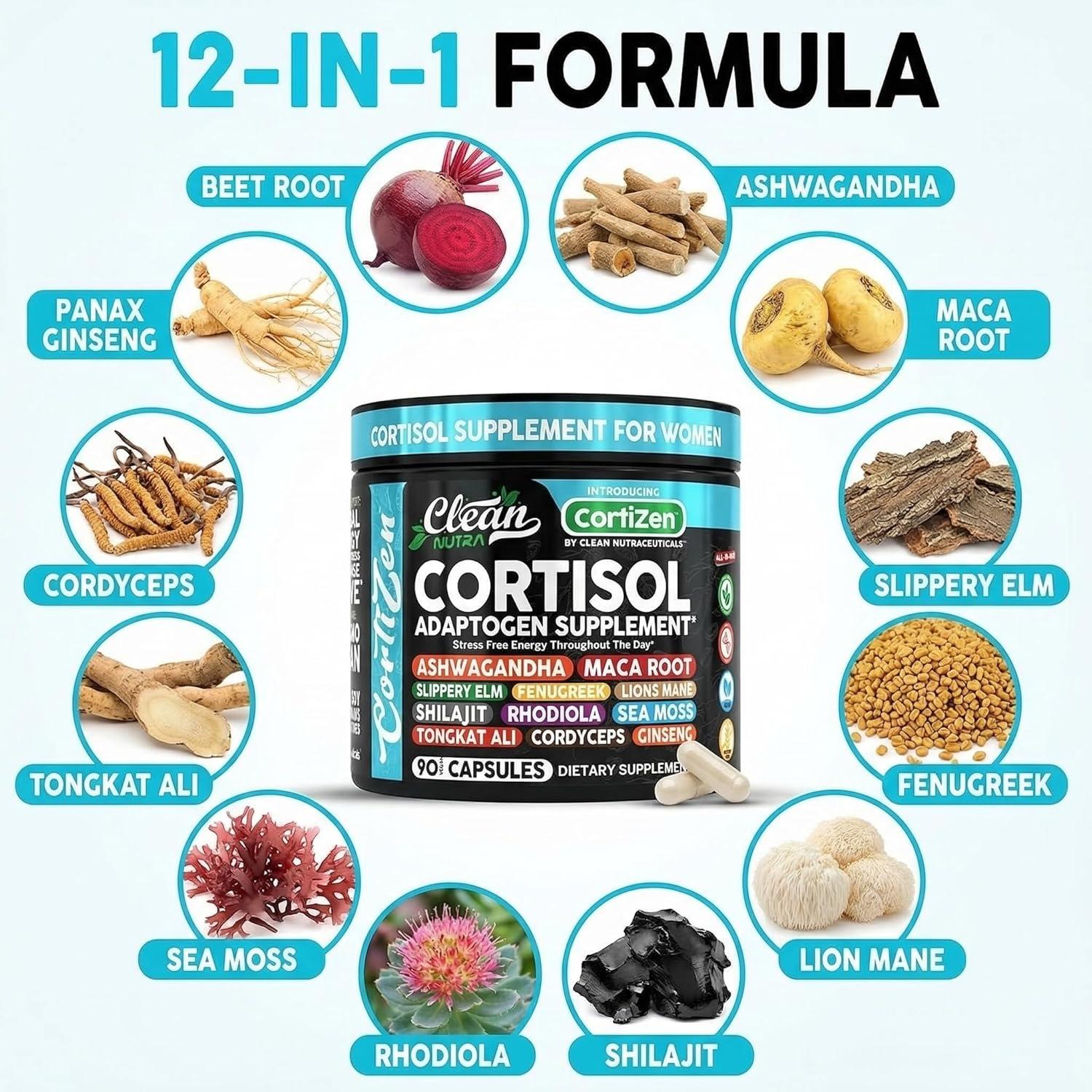 image:imageClean Nutra Cortisol Supplements For Women Maca Root Ashwagandha Cortisol Detox Manager Reducer Slippery Elm Fenugreek Lions Mane Shilajit Rhodiola Sea Moss Tongkat Ali Cordyceps Ginseng Beet Root1