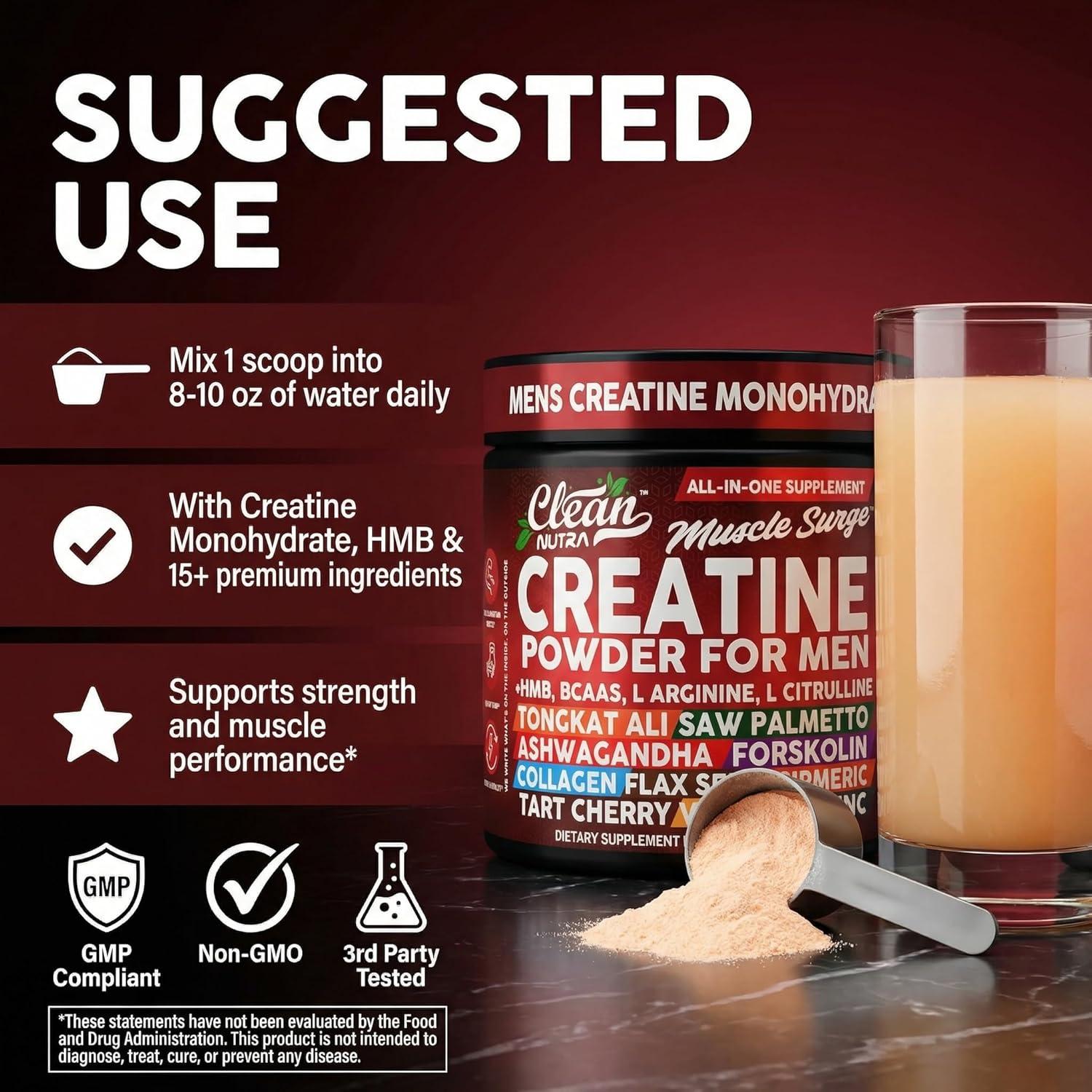 image:imageClean Nutra Creatine Powder for Men HMB BCAA L Arginine L Citrulline Tongkat Ali Saw Palmetto Ashwagandha Collagen Flax Seed Turmeric Preworkout Stevia Nitric Oxide L Glutamine Amino Acids