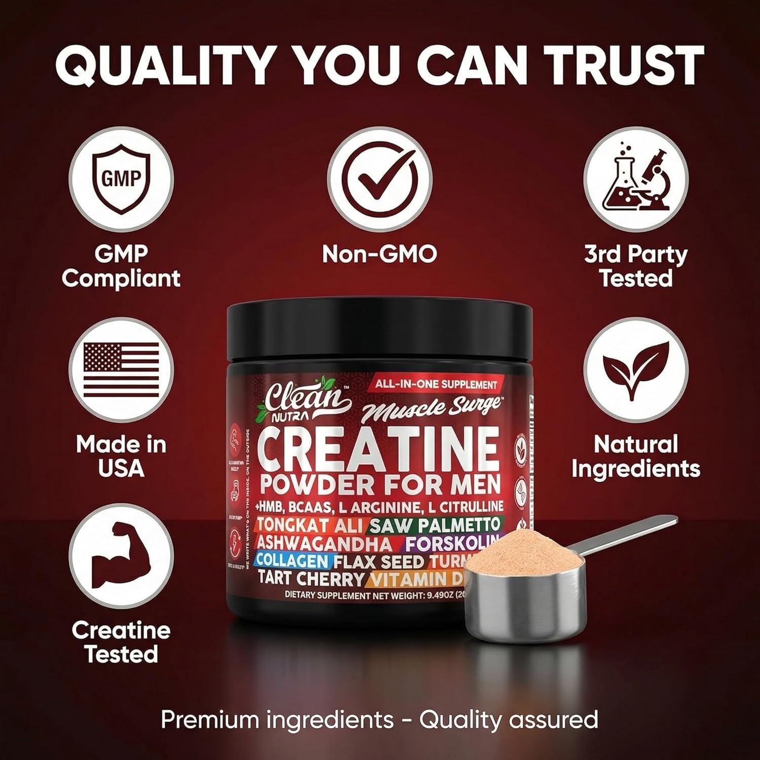 image:imageClean Nutra Creatine Powder for Men HMB BCAA L Arginine L Citrulline Tongkat Ali Saw Palmetto Ashwagandha Collagen Flax Seed Turmeric Preworkout Stevia Nitric Oxide L Glutamine Amino Acids