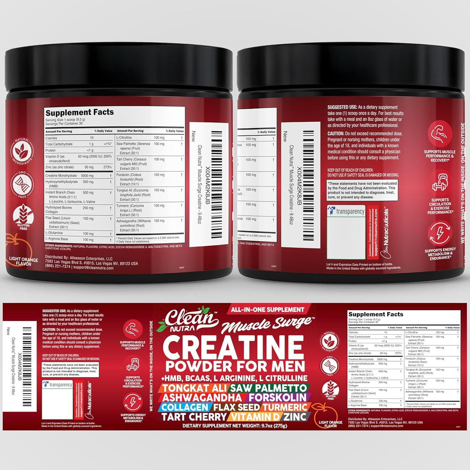 image:imageClean Nutra Creatine Powder for Men HMB BCAA L Arginine L Citrulline Tongkat Ali Saw Palmetto Ashwagandha Collagen Flax Seed Turmeric Preworkout Stevia Nitric Oxide L Glutamine Amino Acids