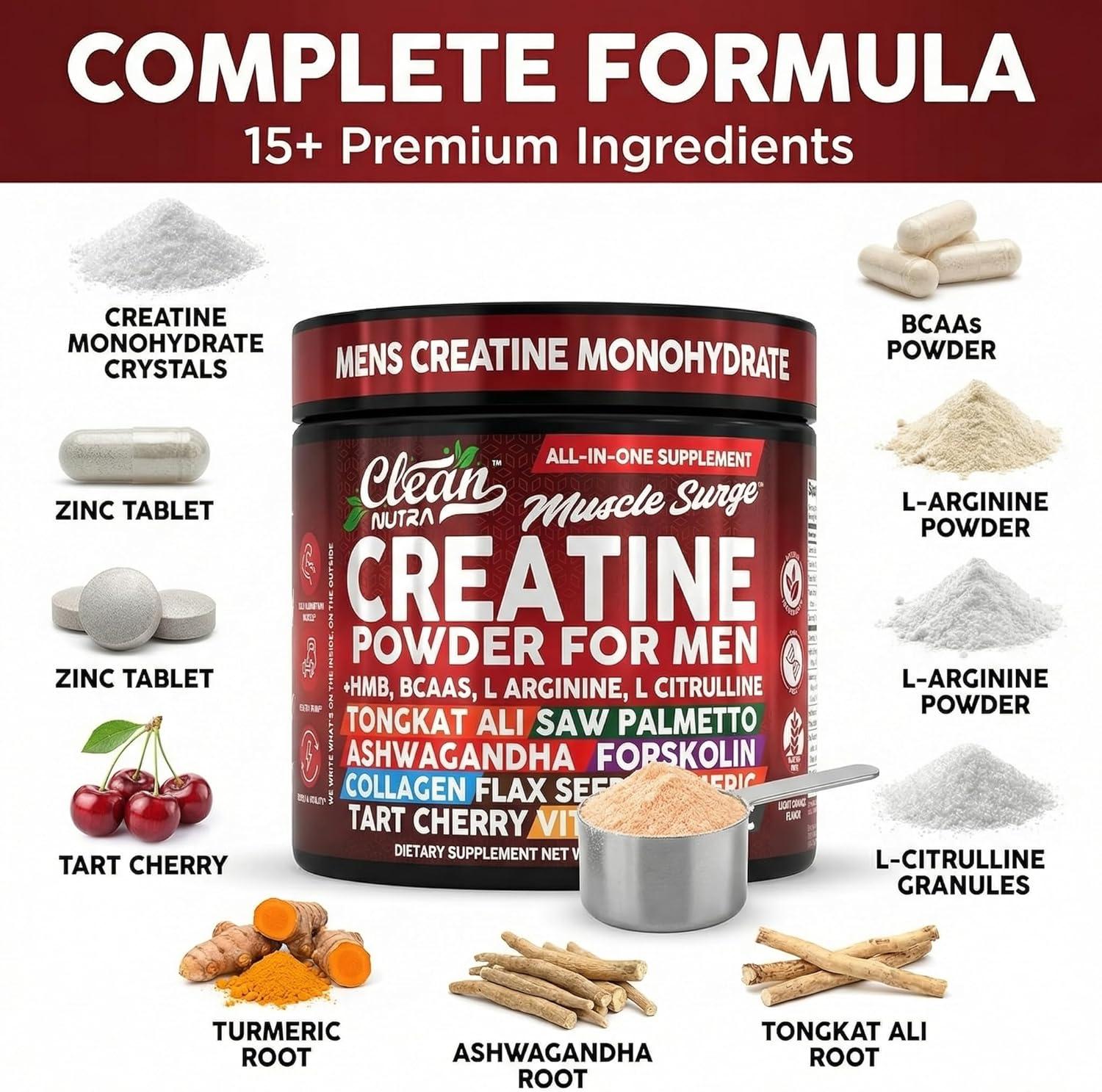 image:imageClean Nutra Creatine Powder for Men HMB BCAA L Arginine L Citrulline Tongkat Ali Saw Palmetto Ashwagandha Collagen Flax Seed Turmeric Preworkout Stevia Nitric Oxide L Glutamine Amino Acids