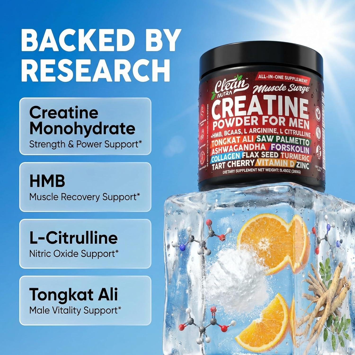 image:imageClean Nutra Creatine Powder for Men HMB BCAA L Arginine L Citrulline Tongkat Ali Saw Palmetto Ashwagandha Collagen Flax Seed Turmeric Preworkout Stevia Nitric Oxide L Glutamine Amino Acids