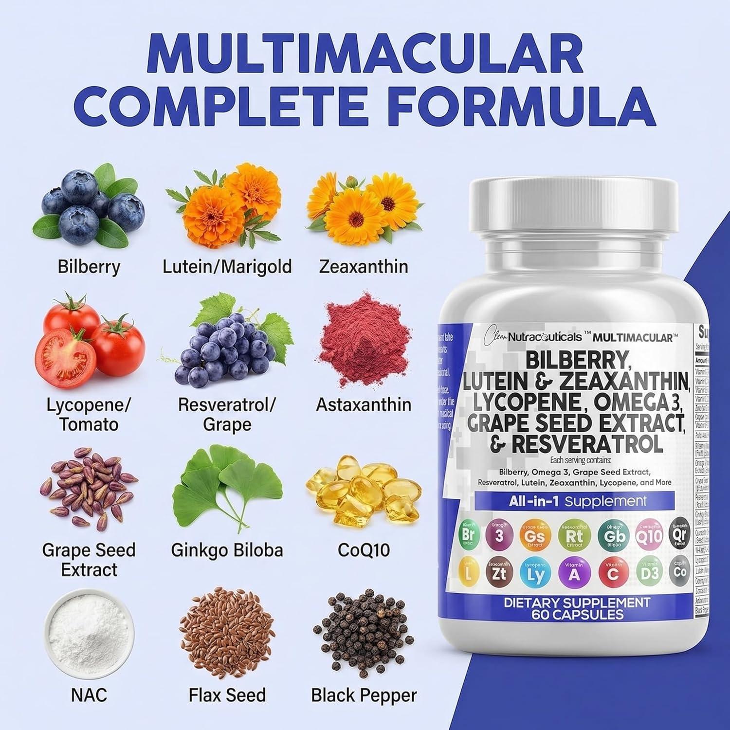 image:imageClean Nutra Eye Vitamins with Bilberry Lutein and Zeaxanthin Supplements Lycopene 40mg Resveratrol Grape Seed Astaxanthin for Eyes Eye Care Health Support Eye Vitamin and Mineral Supplement60 Count Pack of 1