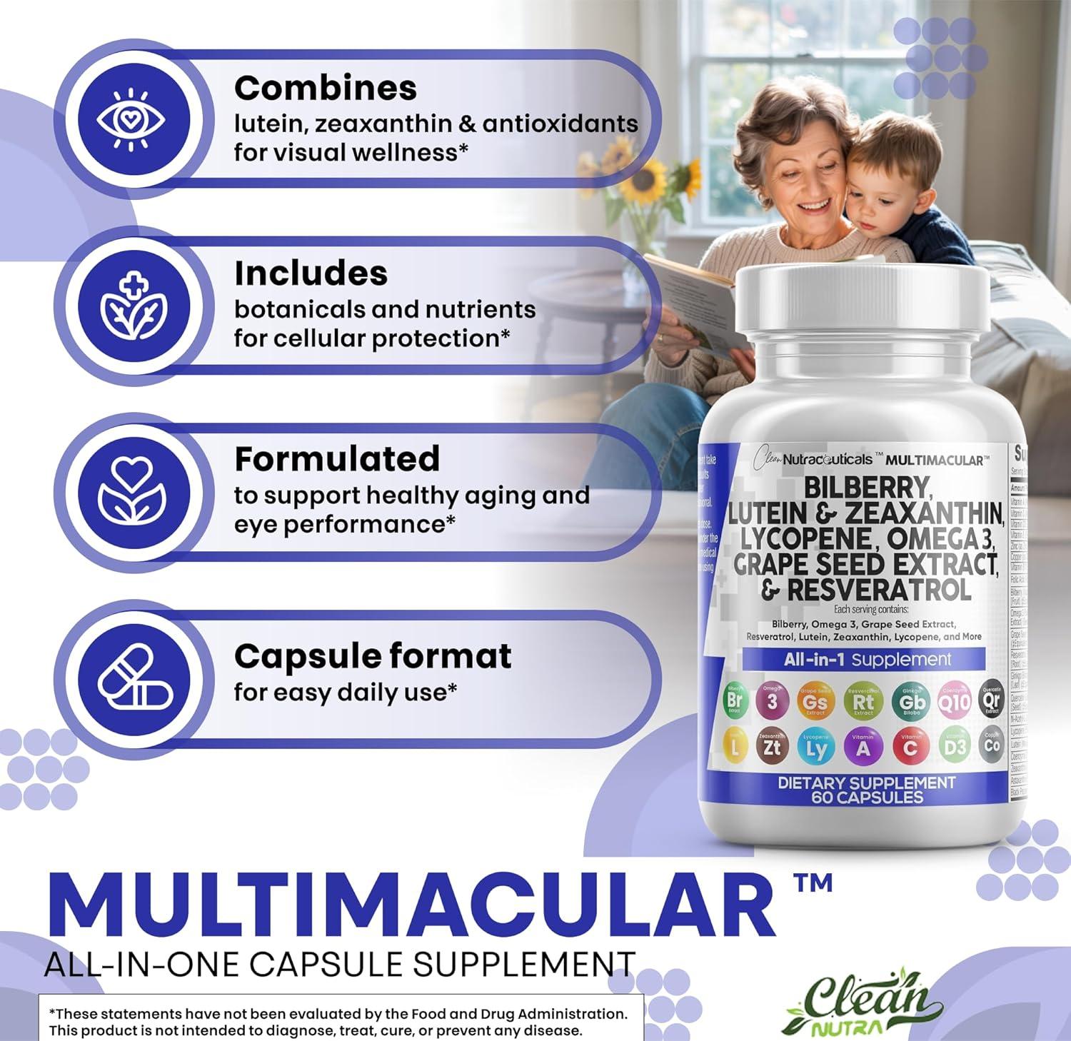 image:imageClean Nutra Eye Vitamins with Bilberry Lutein and Zeaxanthin Supplements Lycopene 40mg Resveratrol Grape Seed Astaxanthin for Eyes Eye Care Health Support Eye Vitamin and Mineral Supplement60 Count Pack of 2