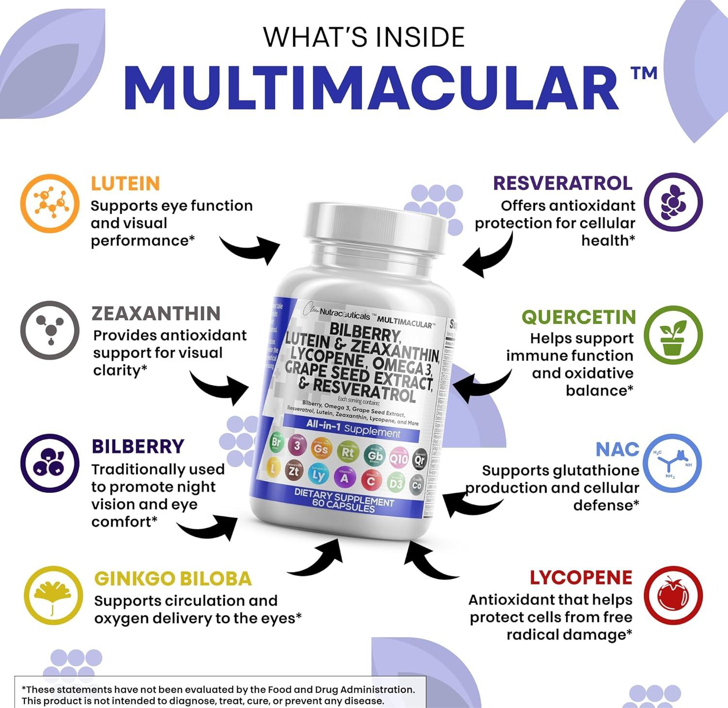 image:imageClean Nutra Eye Vitamins with Bilberry Lutein and Zeaxanthin Supplements Lycopene 40mg Resveratrol Grape Seed Astaxanthin for Eyes Eye Care Health Support Eye Vitamin and Mineral Supplement60 Count Pack of 2