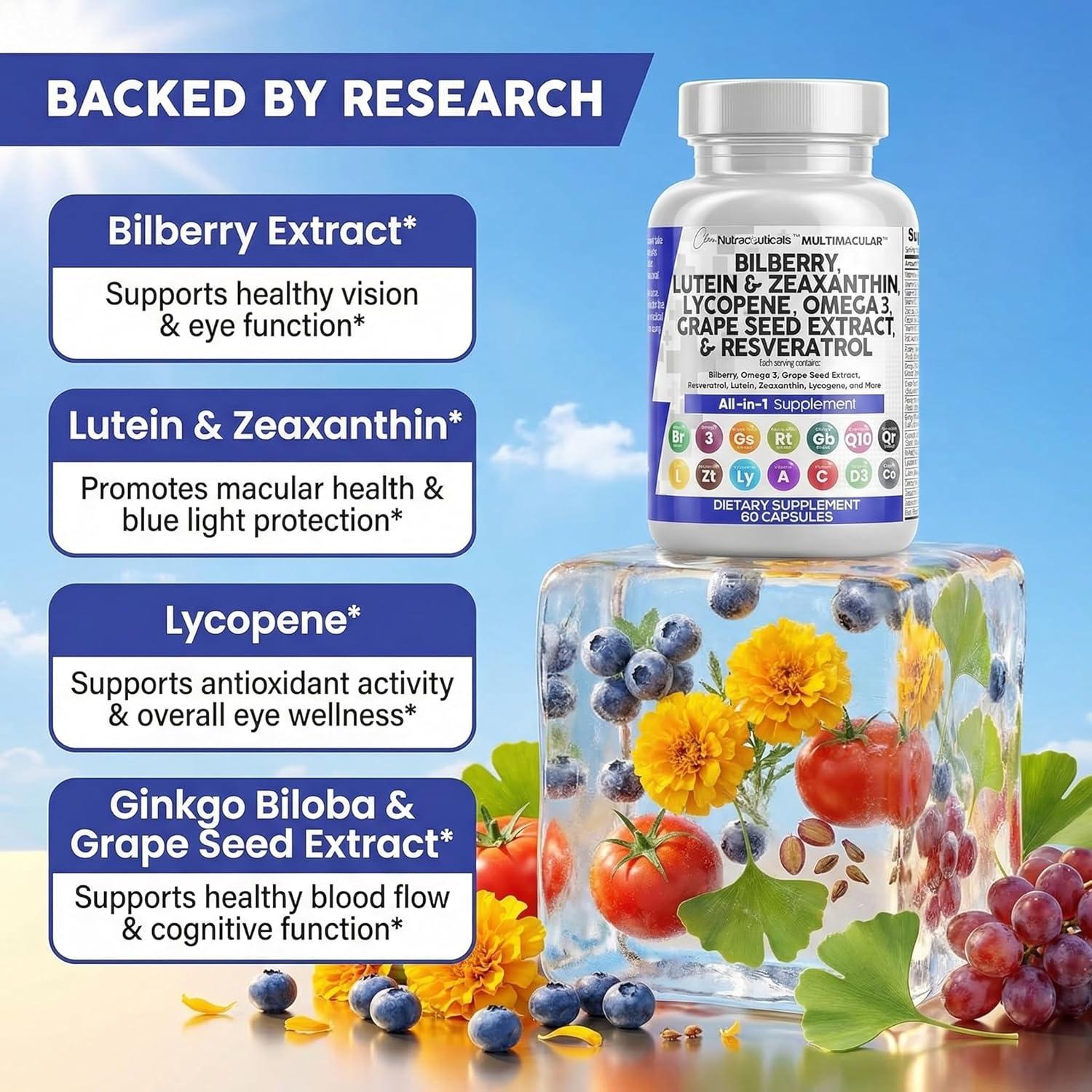 image:imageClean Nutra Eye Vitamins with Bilberry Lutein and Zeaxanthin Supplements Lycopene 40mg Resveratrol Grape Seed Astaxanthin for Eyes Eye Care Health Support Eye Vitamin and Mineral Supplement60 Count Pack of 1