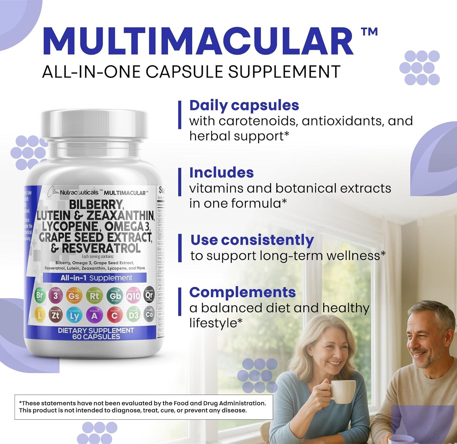 image:imageClean Nutra Eye Vitamins with Bilberry Lutein and Zeaxanthin Supplements Lycopene 40mg Resveratrol Grape Seed Astaxanthin for Eyes Eye Care Health Support Eye Vitamin and Mineral Supplement60 Count Pack of 2