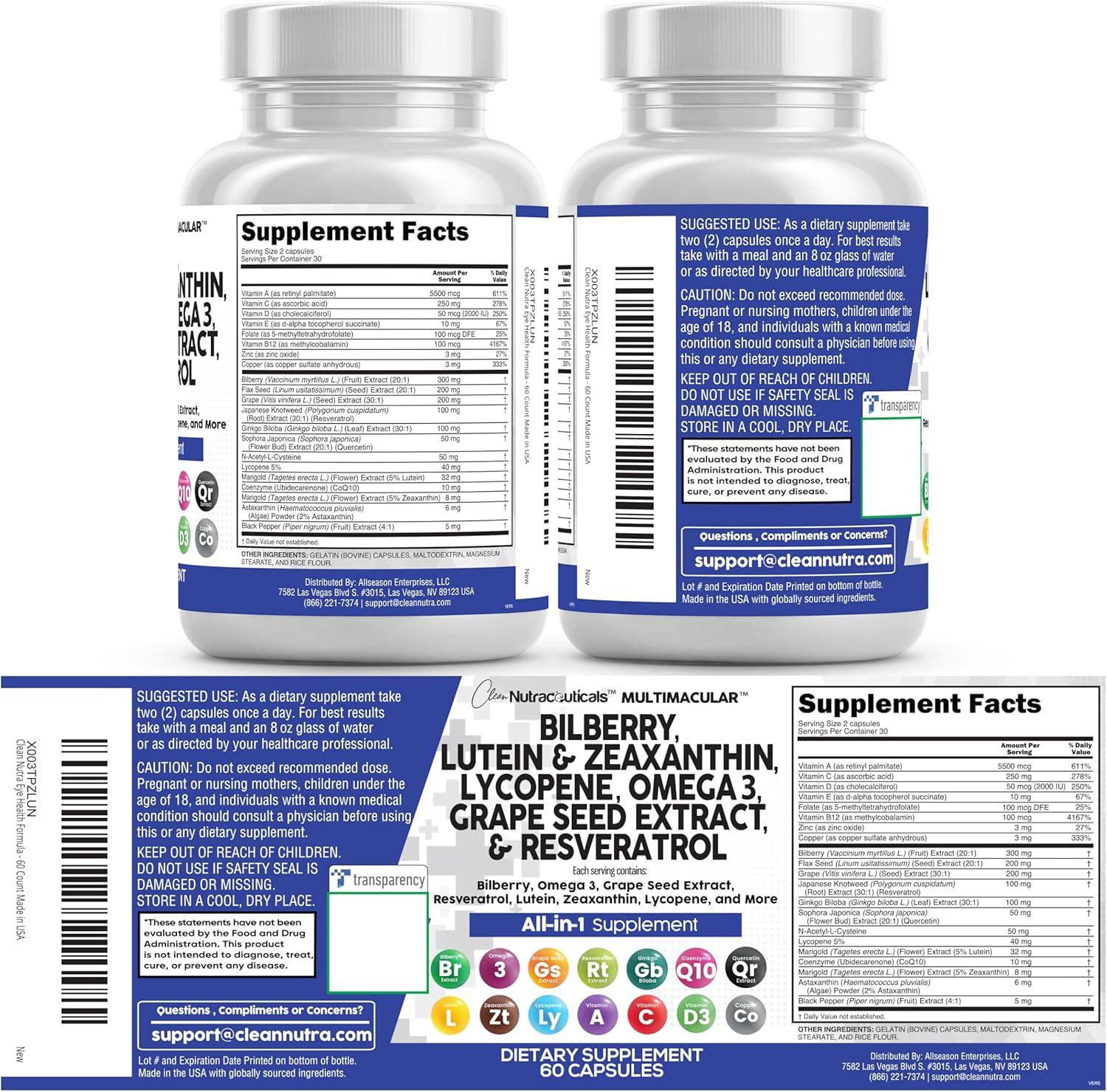 image:imageClean Nutra Eye Vitamins with Bilberry Lutein and Zeaxanthin Supplements Lycopene 40mg Resveratrol Grape Seed Astaxanthin for Eyes Eye Care Health Support Eye Vitamin and Mineral Supplement60 Count Pack of 1