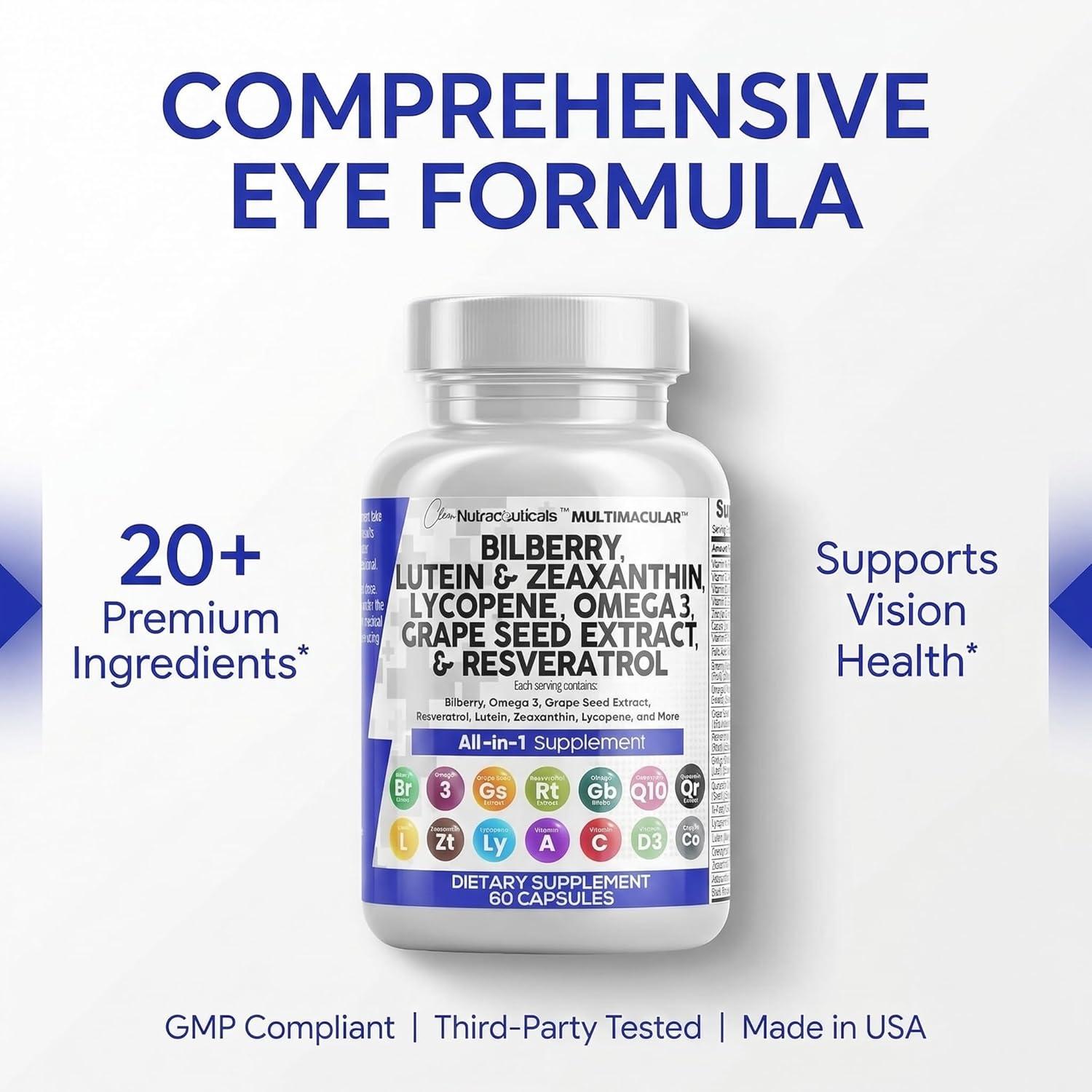 image:imageClean Nutra Eye Vitamins with Bilberry Lutein and Zeaxanthin Supplements Lycopene 40mg Resveratrol Grape Seed Astaxanthin for Eyes Eye Care Health Support Eye Vitamin and Mineral Supplement60 Count Pack of 1