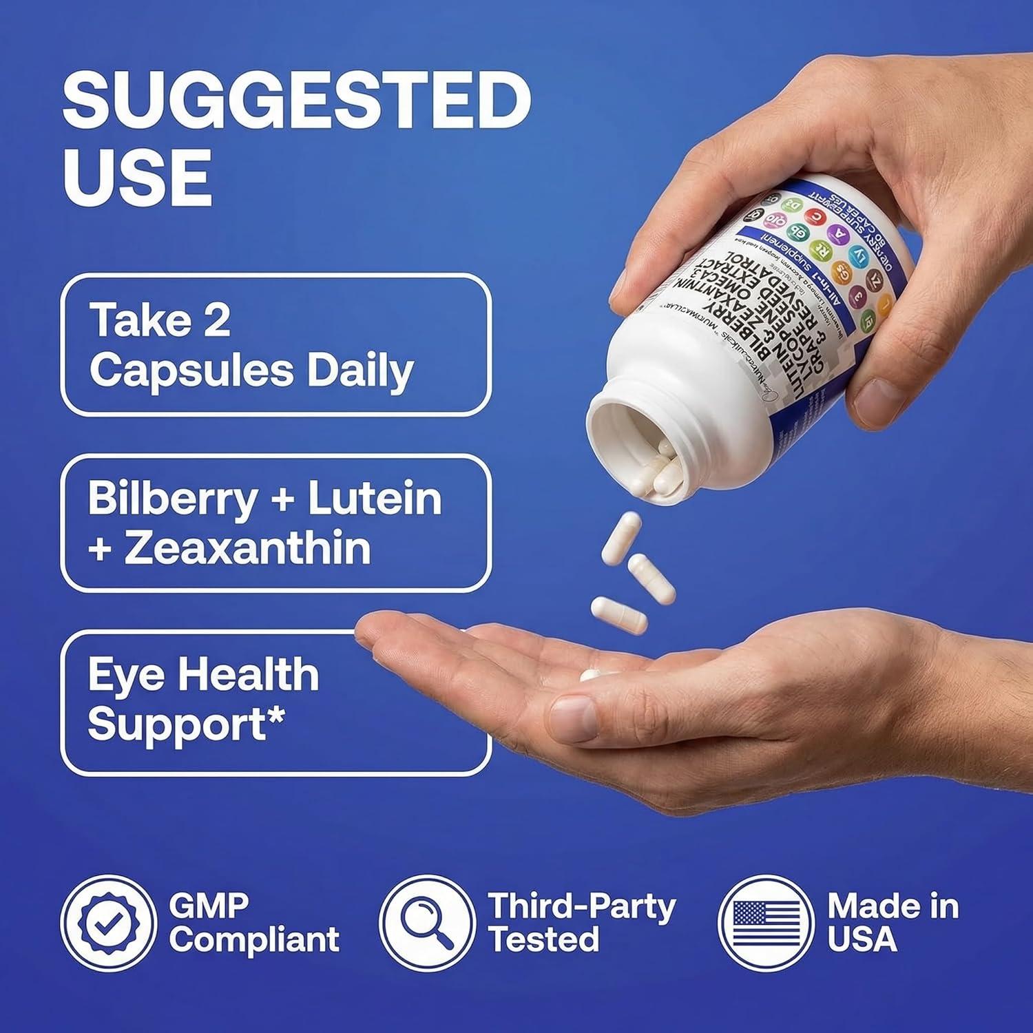 image:imageClean Nutra Eye Vitamins with Bilberry Lutein and Zeaxanthin Supplements Lycopene 40mg Resveratrol Grape Seed Astaxanthin for Eyes Eye Care Health Support Eye Vitamin and Mineral Supplement60 Count Pack of 1