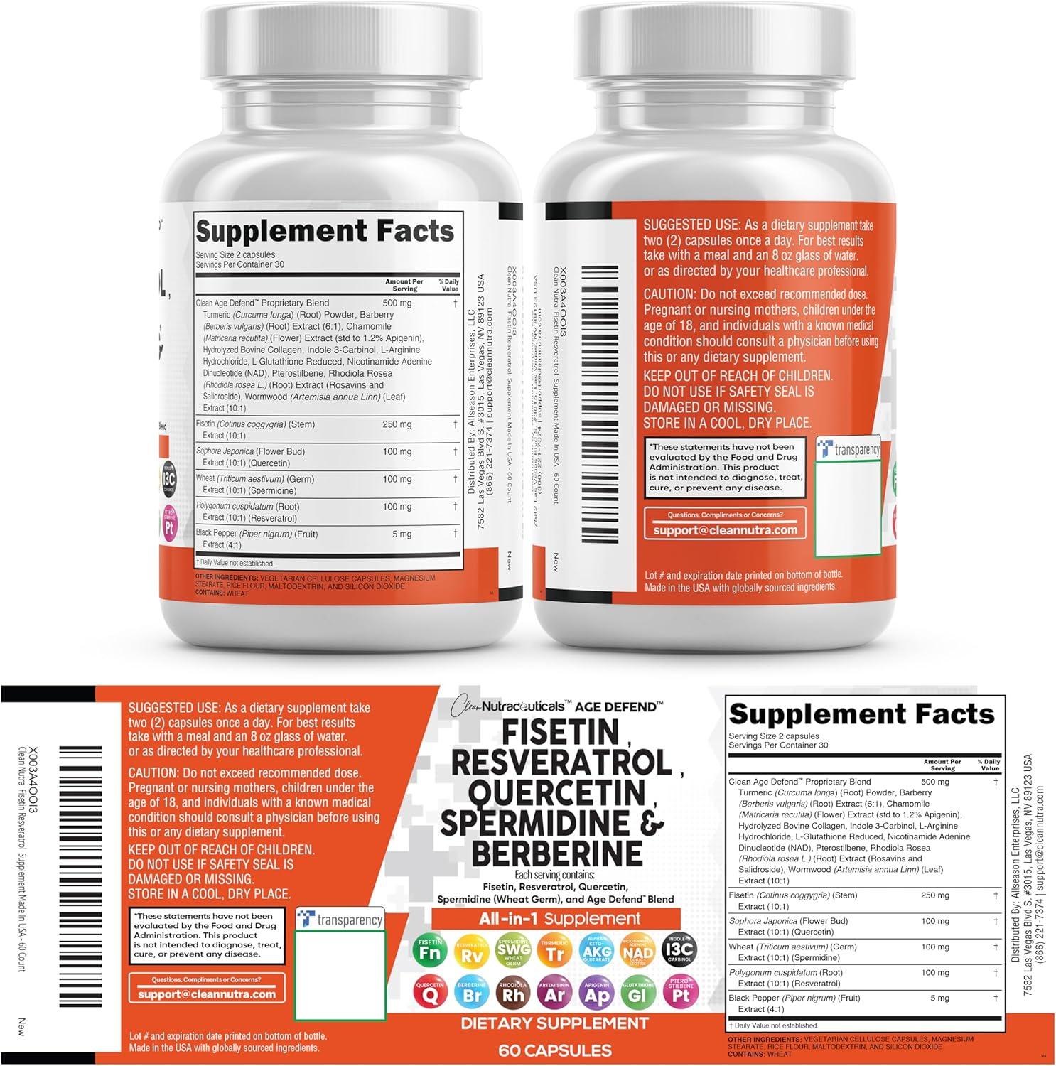 image:imageClean Nutra Fisetin Quercetin Resveratrol Spermidine Longevity Supplement with NAD Berberine Apigenin Anti Aging Cellular Health Support Capsules 90 Count1