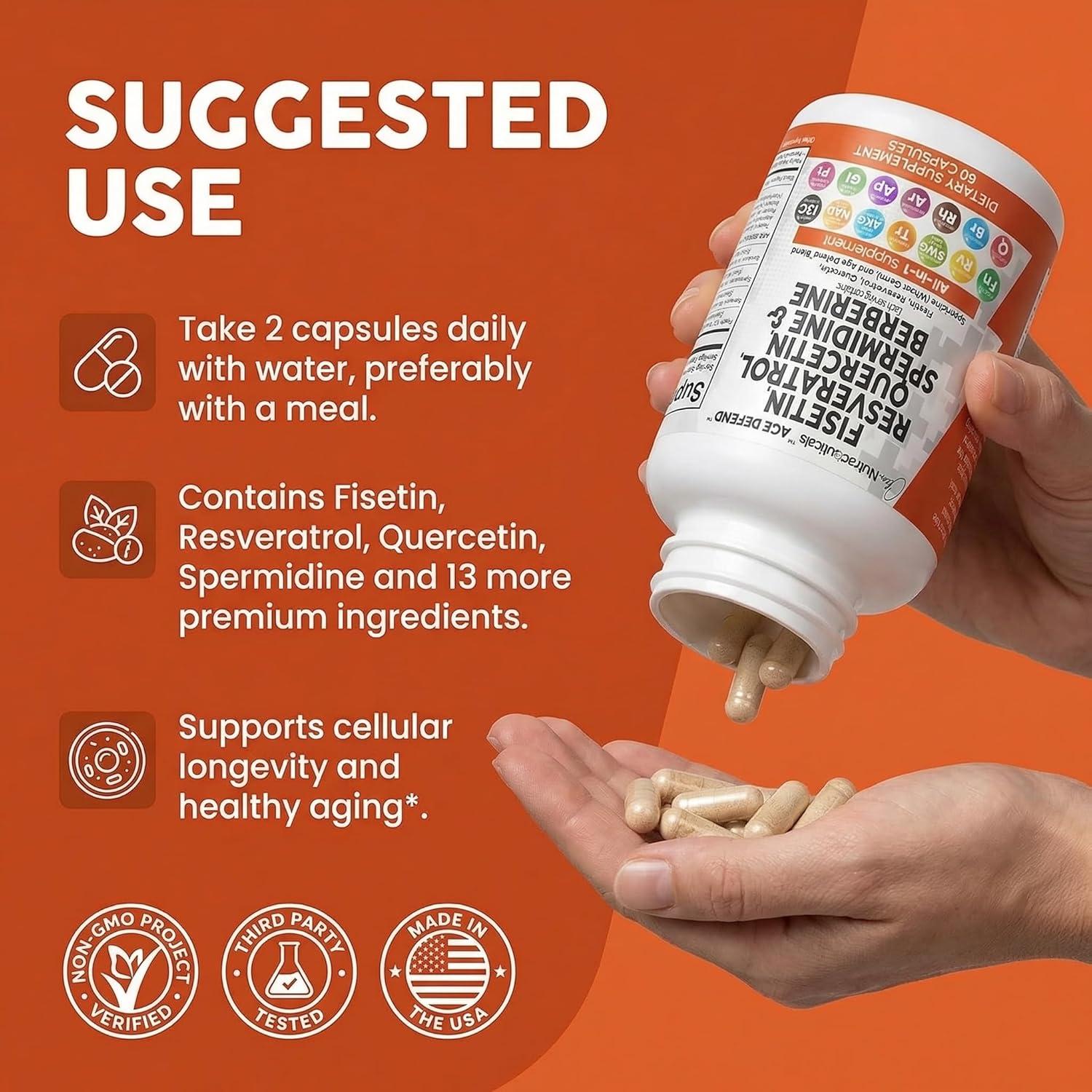 image:imageClean Nutra Fisetin Quercetin Resveratrol Spermidine Longevity Supplement with NAD Berberine Apigenin Anti Aging Cellular Health Support Capsules 90 Count1