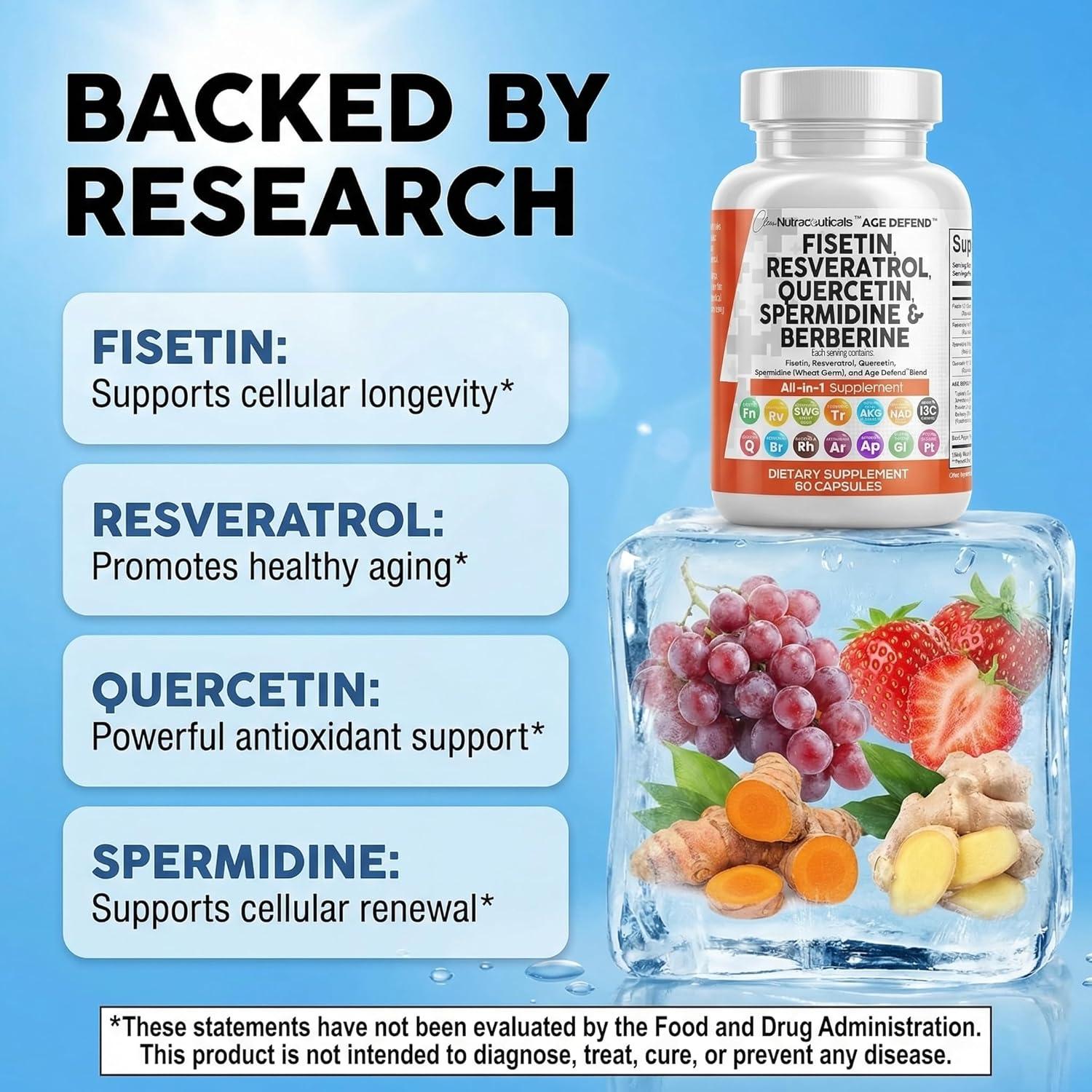 image:imageClean Nutra Fisetin Quercetin Resveratrol Spermidine Longevity Supplement with NAD Berberine Apigenin Anti Aging Cellular Health Support Capsules 90 Count1