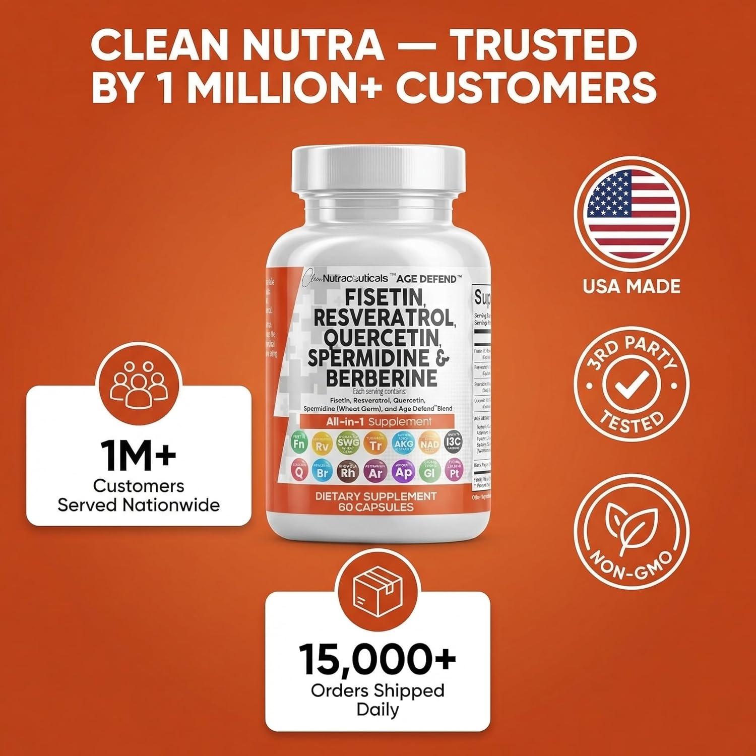 image:imageClean Nutra Fisetin Quercetin Resveratrol Spermidine Longevity Supplement with NAD Berberine Apigenin Anti Aging Cellular Health Support Capsules 90 Count1